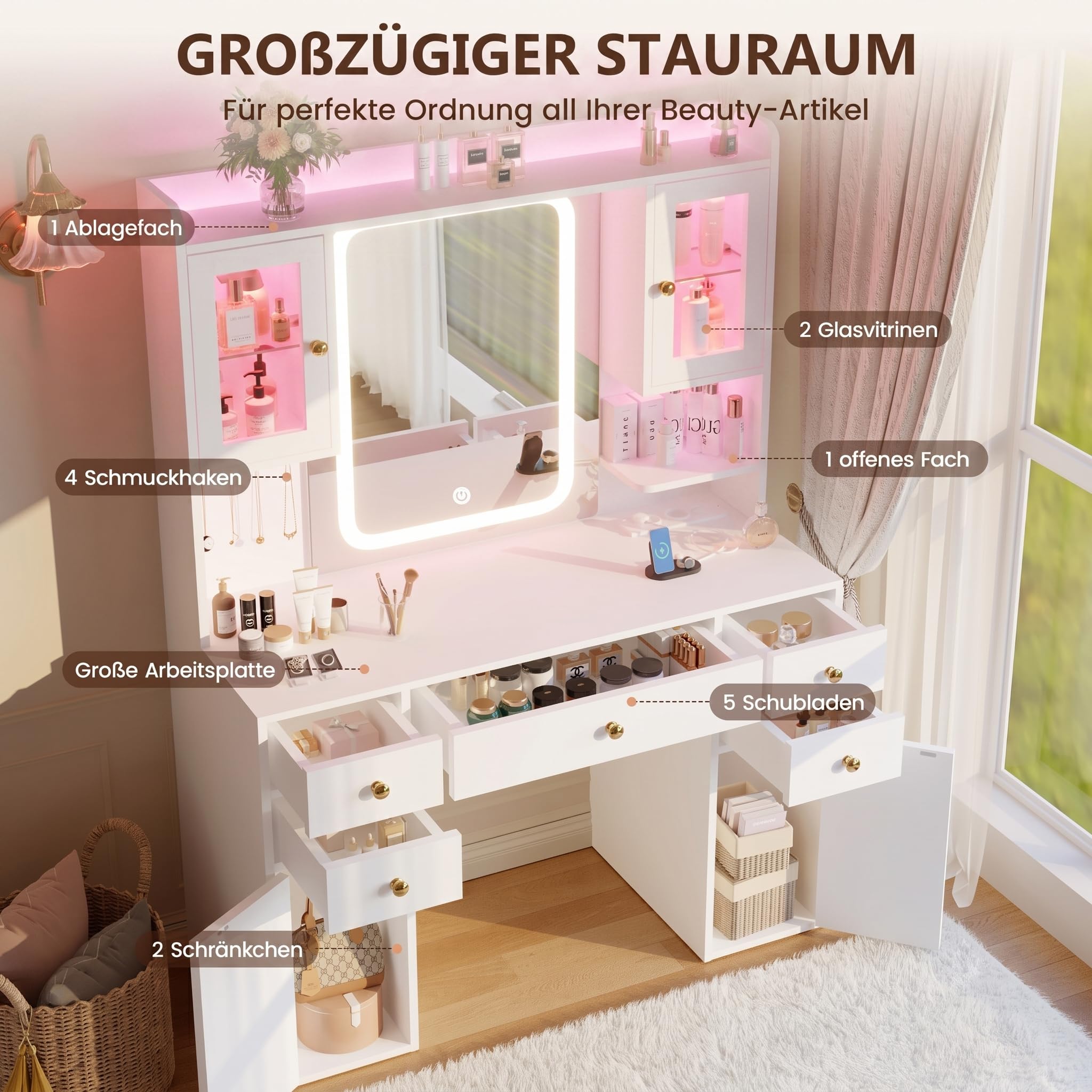 APICIZON Schminktisch mit Beleuchtung und Spiegel, 105 cm mit Steckdose, 5 Schubladen, 2 RGB-Glasvitrinen und Schmuckaufbewahrung, Weiß