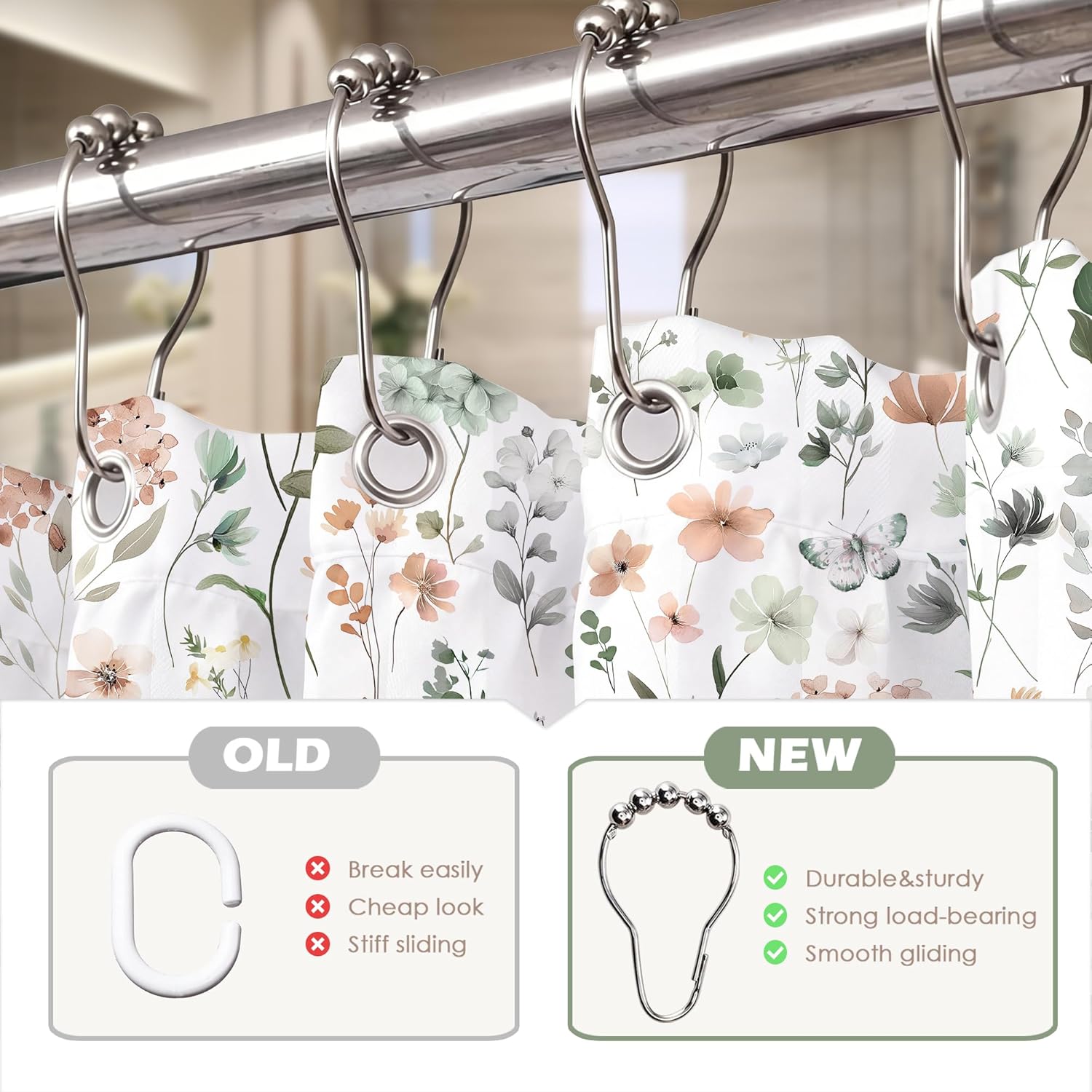 Cinbloo Sage Green Floral Shower Curtain for Bathroom, Spring Flower Wildflower Cute Botanical Nautre Shower Curtain Set with Metal Hooks,Women Girly Leaf Bath Bathroom Accessories Decor 72Wx72H