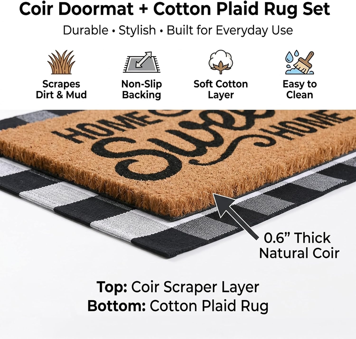 Home Sweet Home Doormat Set, 2-Piece Layered Front Porch Mat Combo, Natural Coir Welcome Mat with Black and White Buffalo Plaid Rug, Farmhouse Outdoor Entryway Decor for Porch, Patio, Home