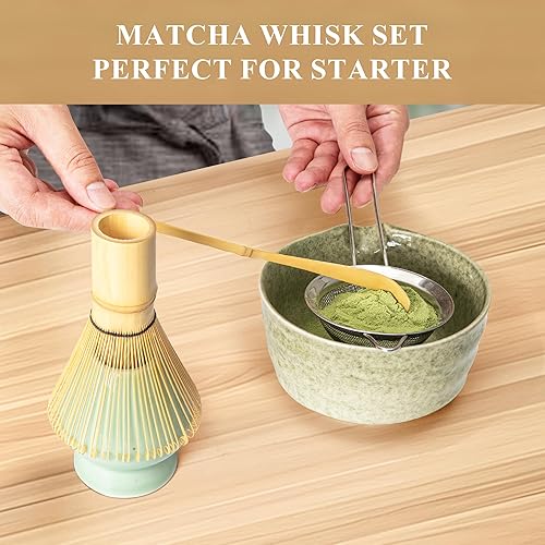 Miniatura 3 de Juego de batidor de matcha, kit de fabricación de matcha (soporte Chasen), soporte de batidor de cerámica (verde claro), cuchara de bambú, tamiz de