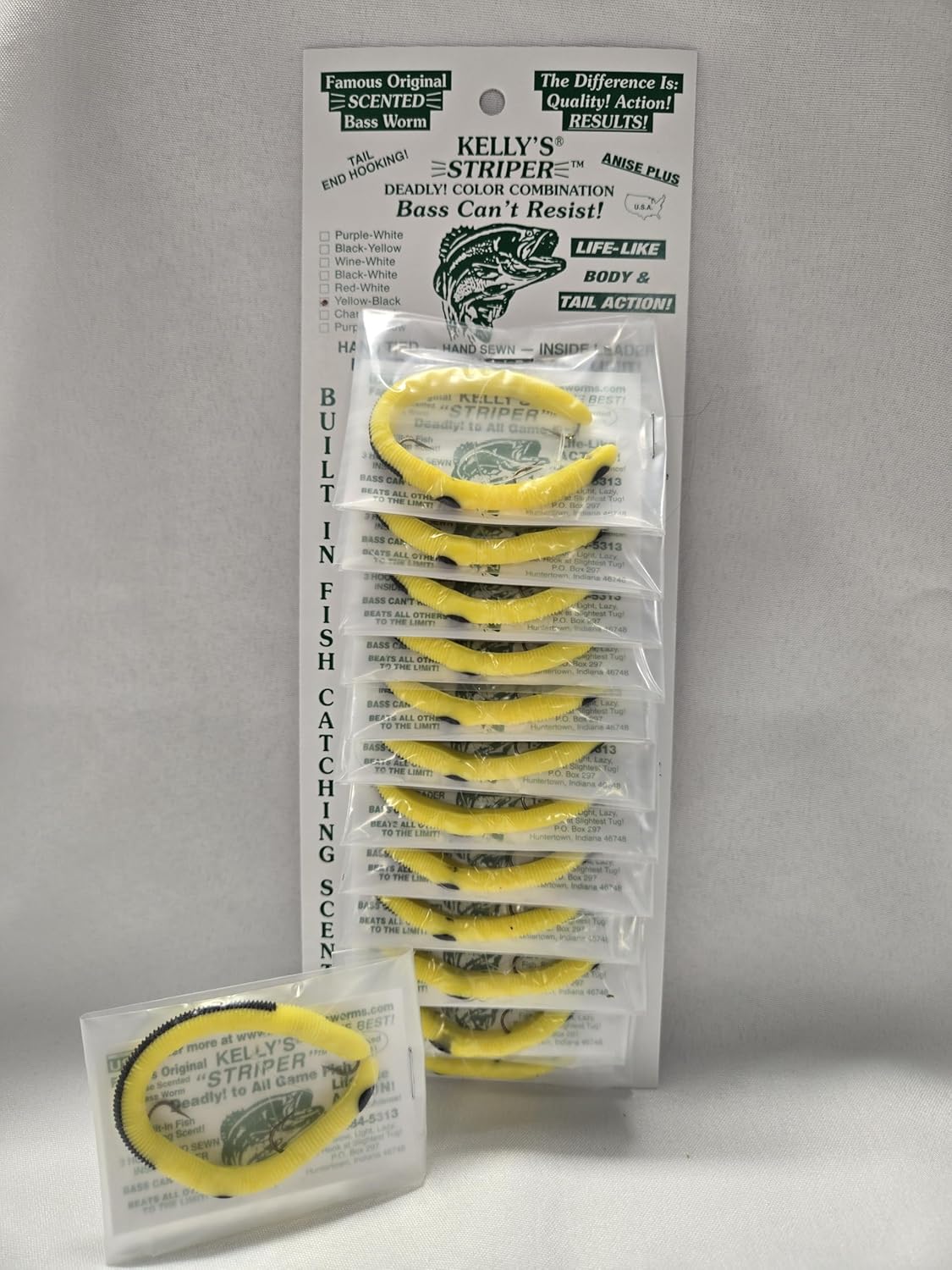 Kelly's Striper 12 Pack Anise Scented 3 Hook Pre-Rigged Worms, Plastic, 5.5 Inches, 8 Colors, Made in USA