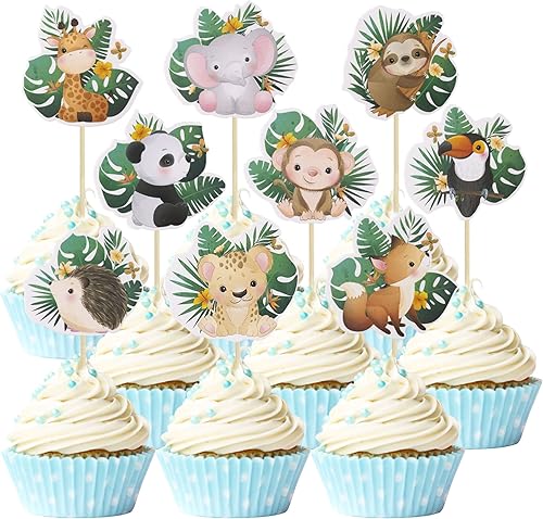 Gyufise 36 decoraciones para cupcakes de fiesta de bosque, decoración de pasteles de animales del bosque, decoración de fiesta de cumpleaños con