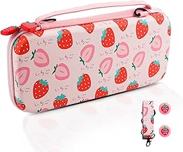 Pink Strawberry Carrying Case for Nintendo Switch Lite, Shockproof Protective Hard Travel Shell for Switch Console with 8 Game Card Slots, Adjustable Shoulder Strap and 2 Cute Thumb Caps.