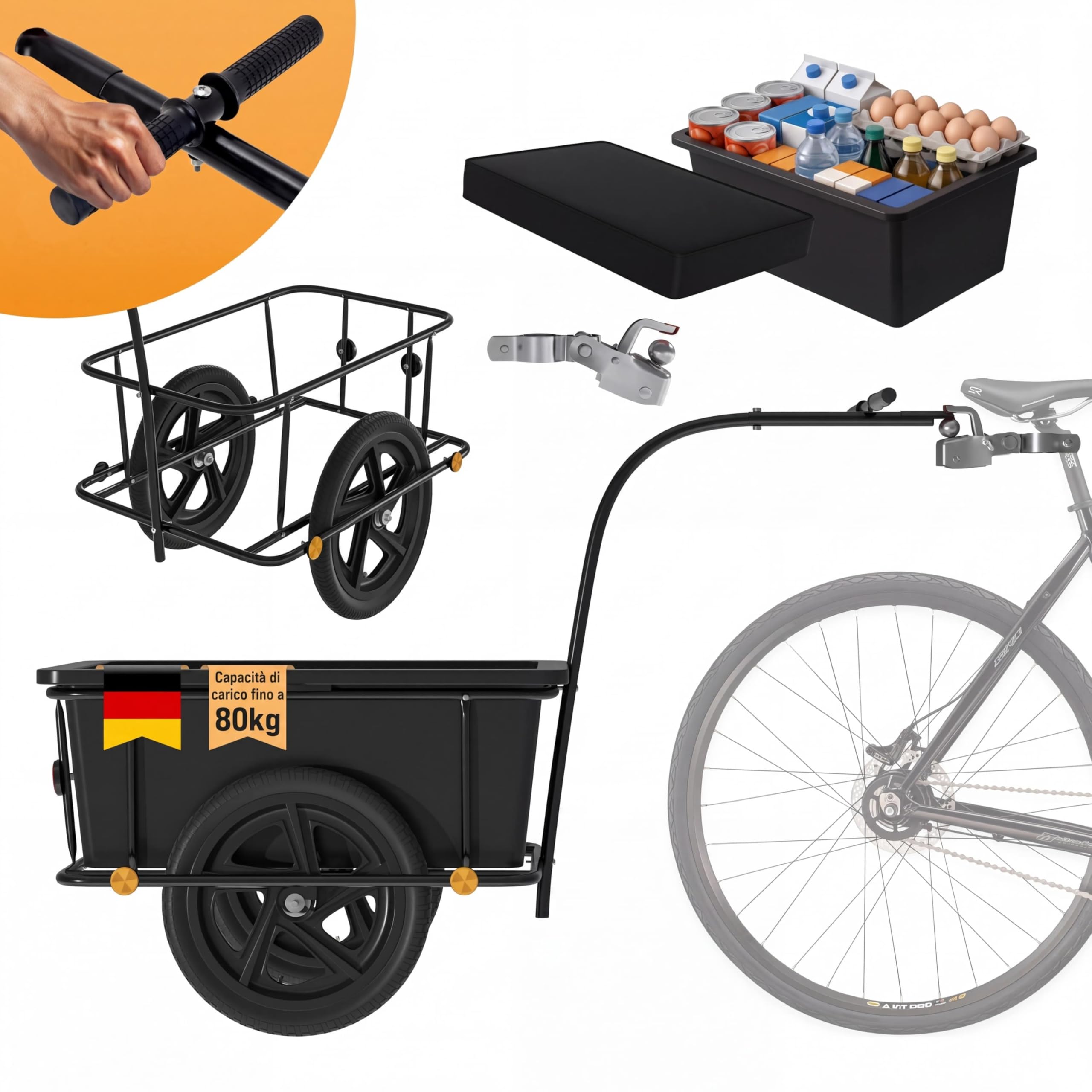 MONZANA® Rimorchio per Biciclette con Cassone in Plastica da 90L Gancio da Carico Carrello Trasporto Viaggi Bici Portaoggetti