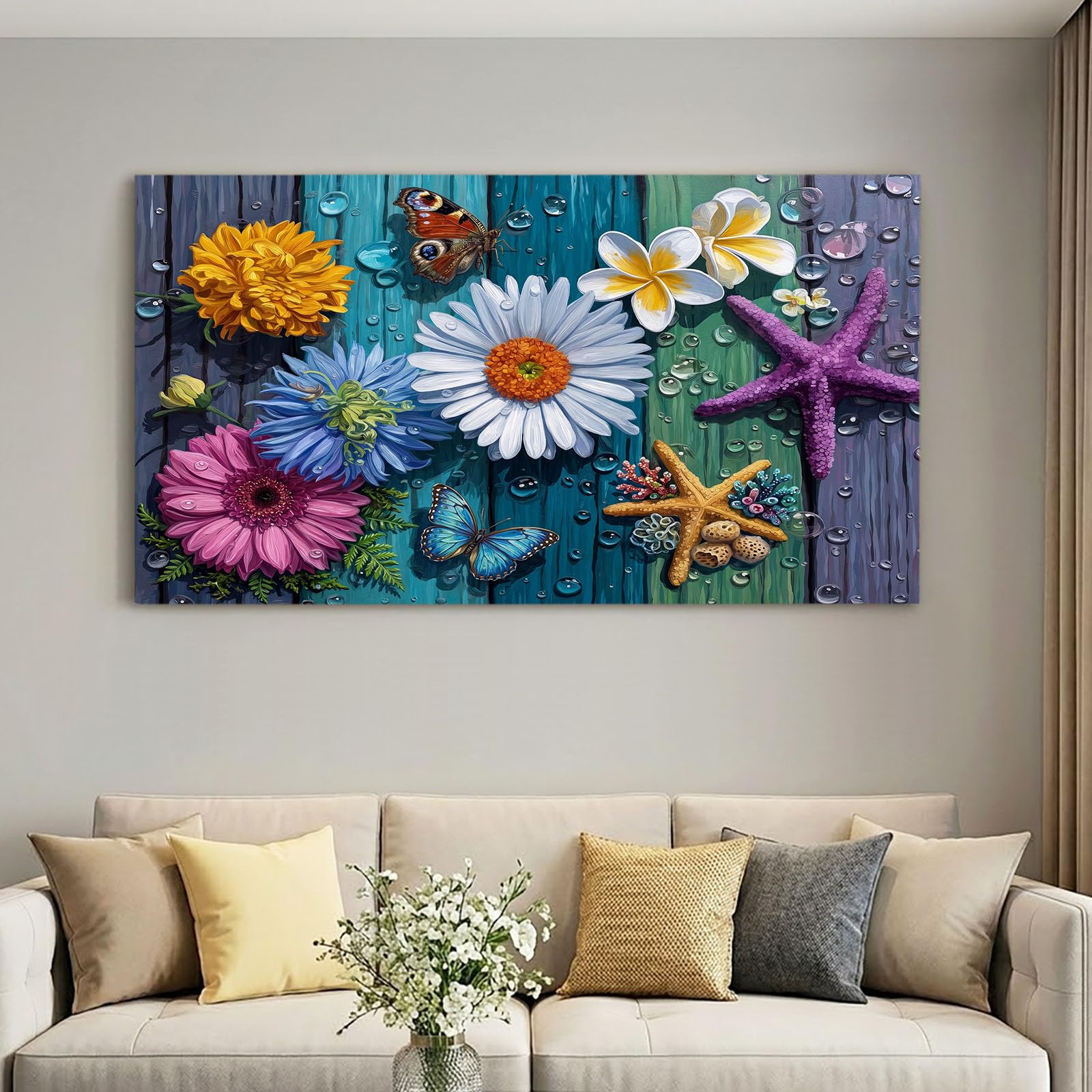 Cuadro de pared con marco de 100 x 70 cm de largo, diseño de flores y margaritas, diseño de animales y flores, marco de madera maciza, fácil montaje, versátil