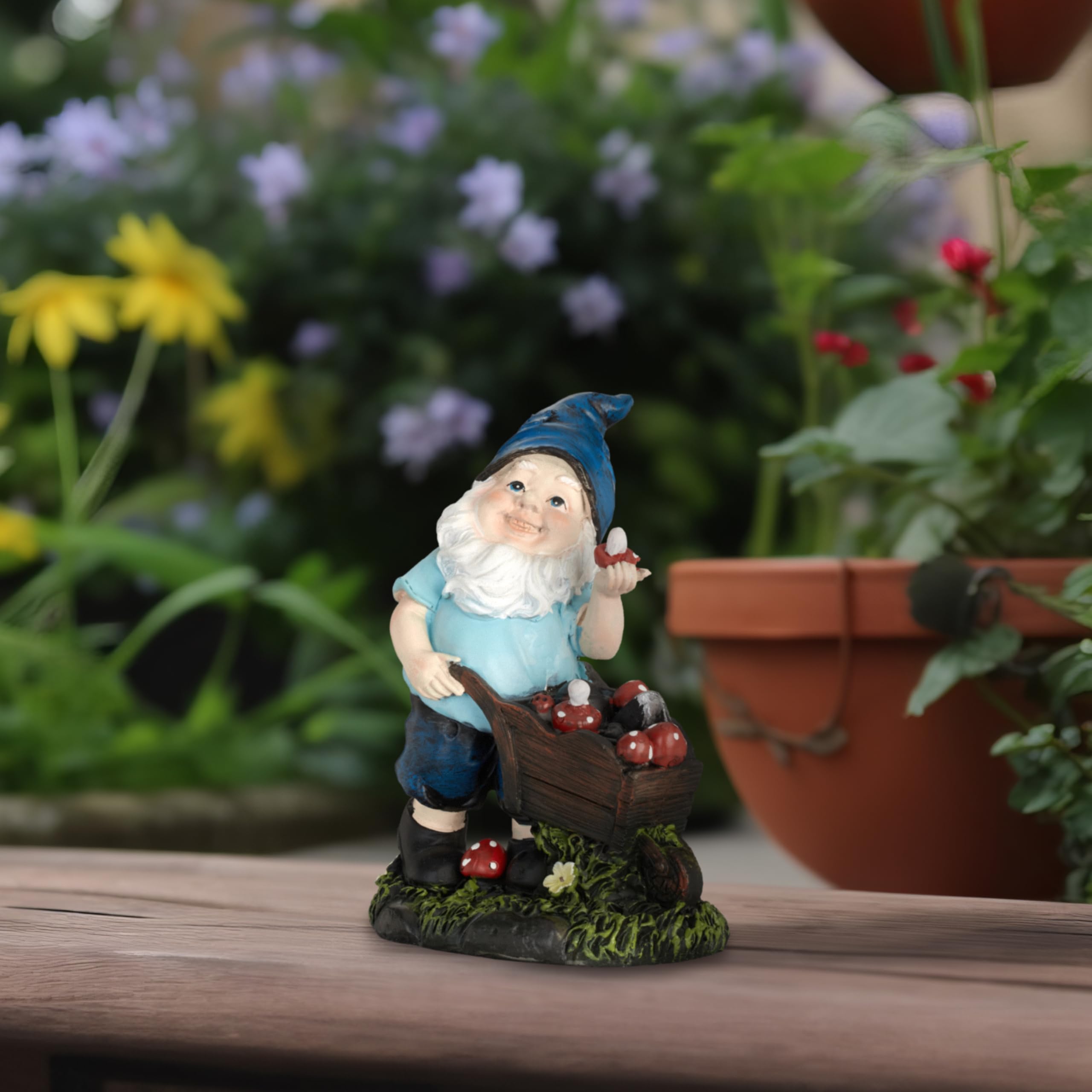 Relaxdays Gnomo da Giardino, con Carriola, Statua Resistente alle Intemperie e al Gelo, 14,5x10,5x7 cm, Nano, Colorato