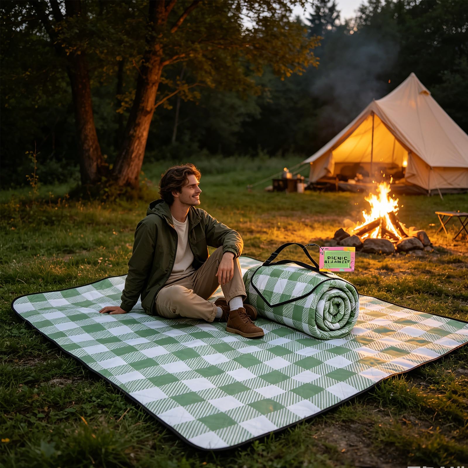 Tappetino da picnic portatile con tracolla, coperta pieghevole verde a quadretti 200 x 300 cm per copertura del terreno da campeggio, posti a sedere nel parco e gite un giorno all ' aperto Coperta
