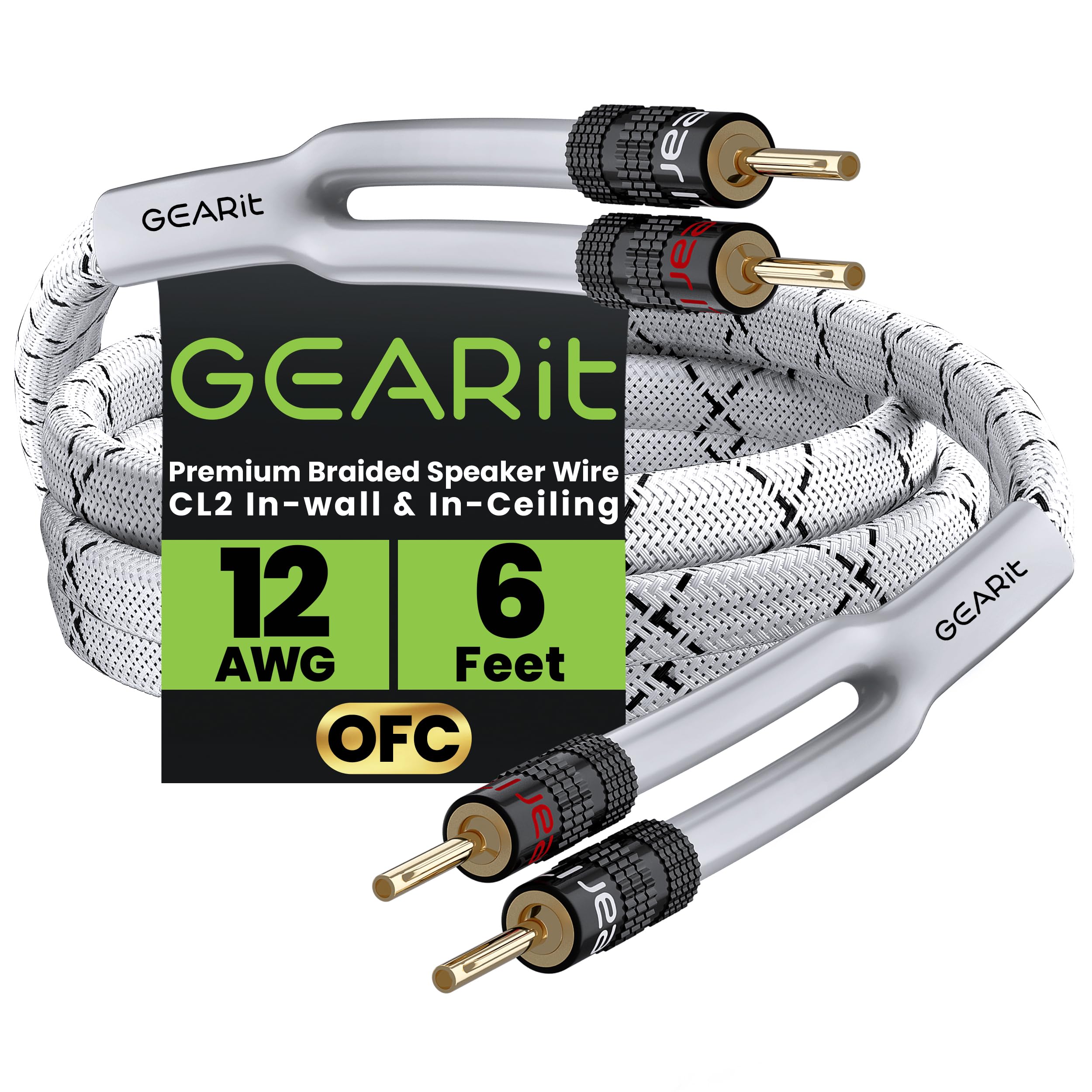 GearIT 12AWG Premium Heavy Duty Braided Speaker Wire (6 Feet) with Dual Gold Plated Banana Plug Tips - Oxygen-free Copper (OFC) Construction