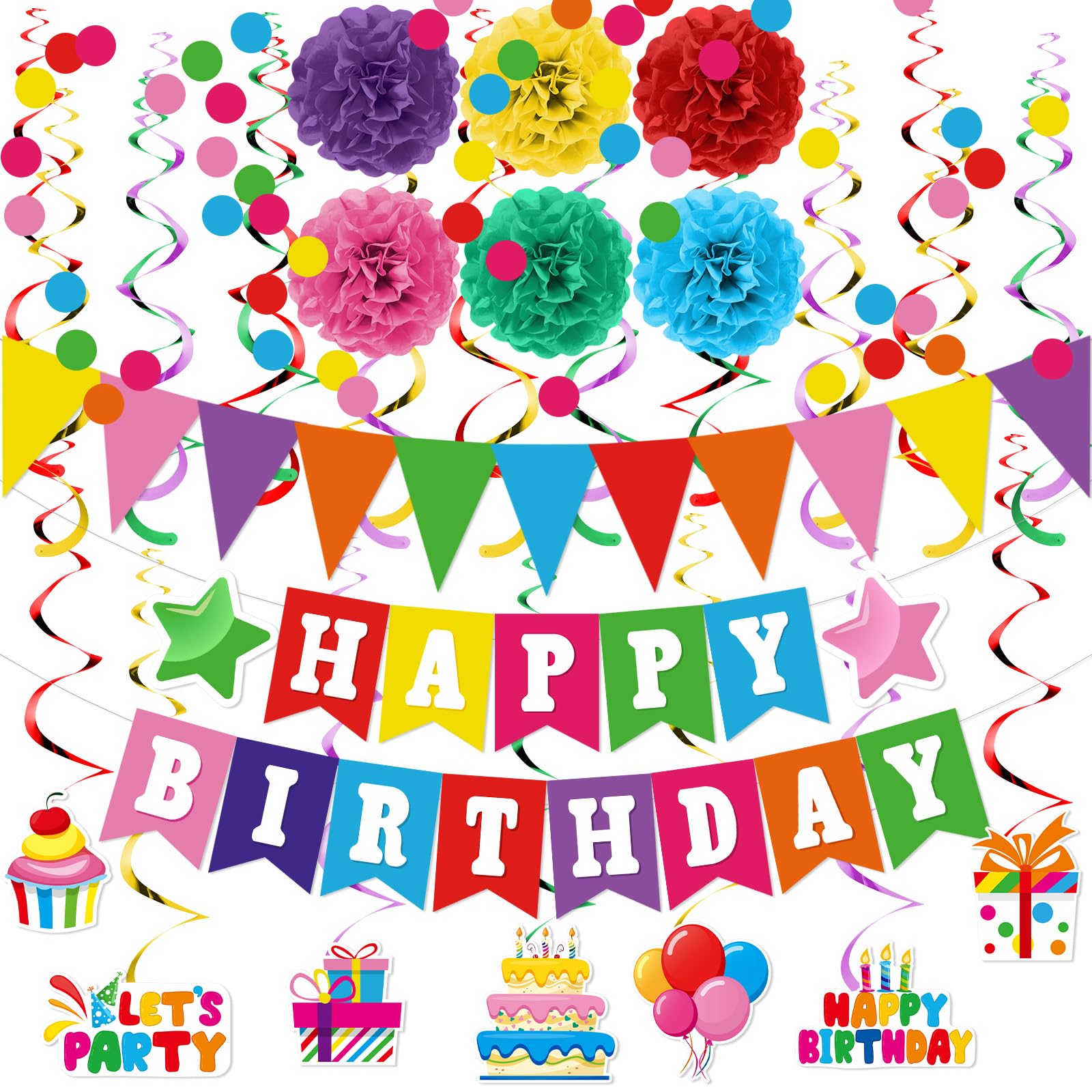 Bannière happy birthday arc-en-ciel Clabby et accessoires pour décoration de salle rapide
