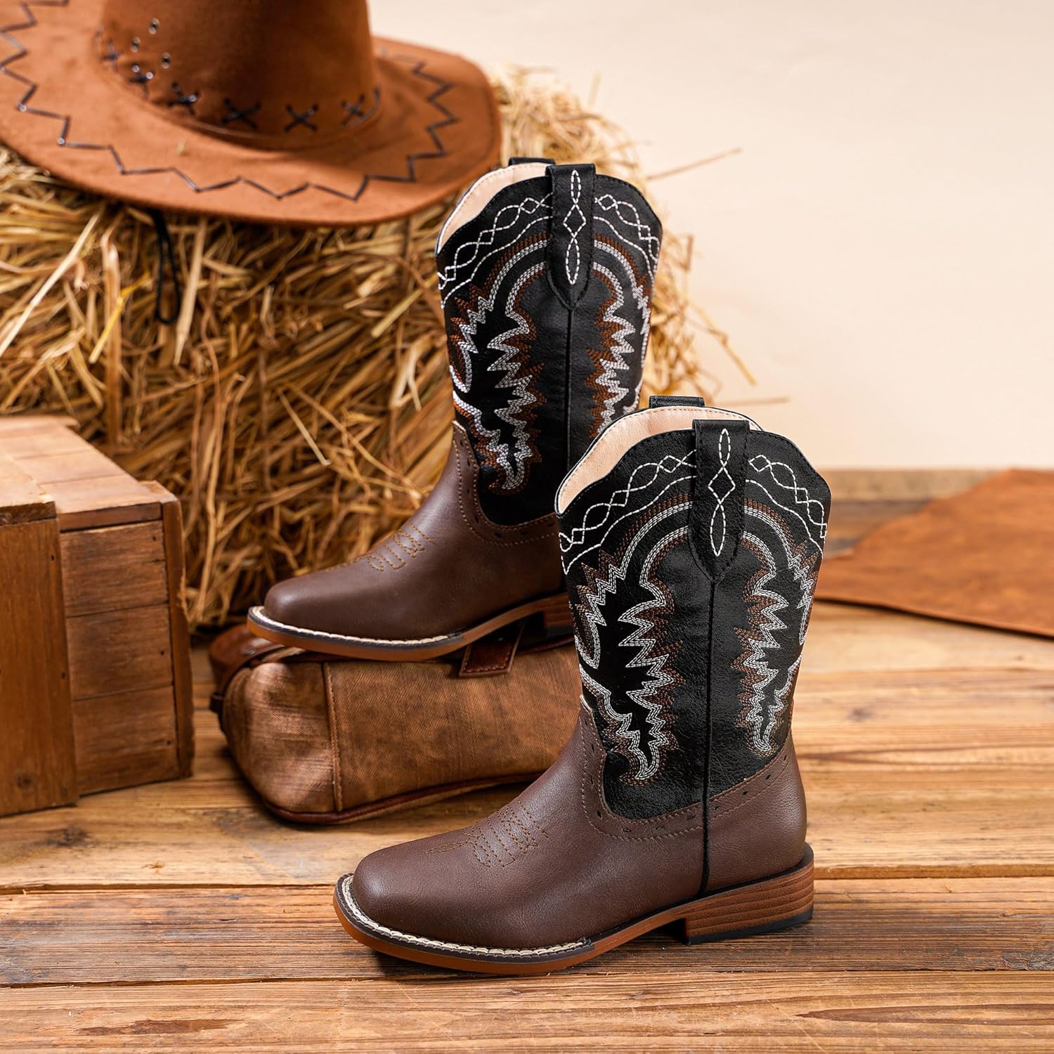 Kids Cowboy Boots for Boys Girls Western Riding Shoes Square Toe Wide Calf Hunting Walking Adventure Toddler Little Big Kid - Image 5