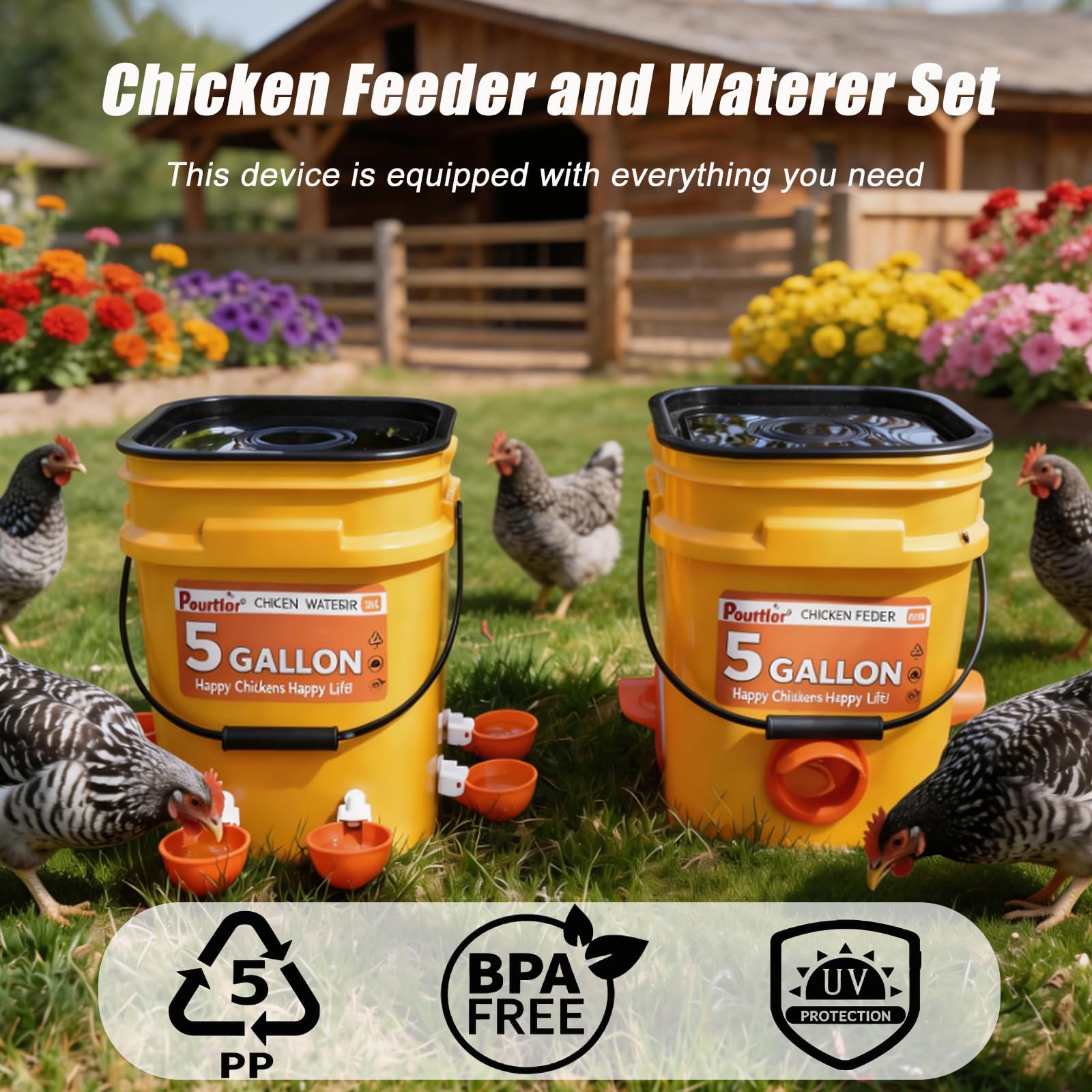 Juego de comedero y bebedero automático de pollo de 5 galones (2 cubos), juego completo real, bebedero grande para aves de corral, tazas de agua y puerto de alimentador, 44 libras/20 L