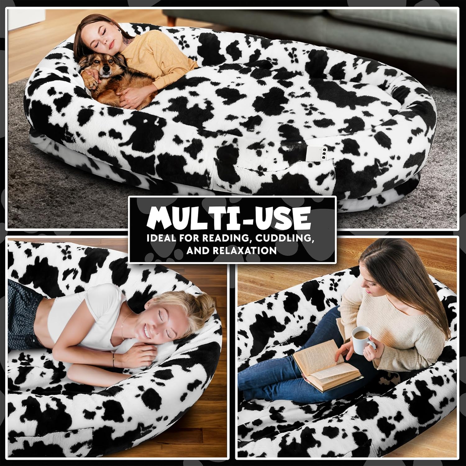 review Original Giant Size Dog Bed for Humans, Large Human Dog Bed Cow Design for Adults and Pets (73x49x11.8”), Ultimate Comfort. Washable, Luxurious Fluffy Bed with Soft Blanket (62.5x43”)