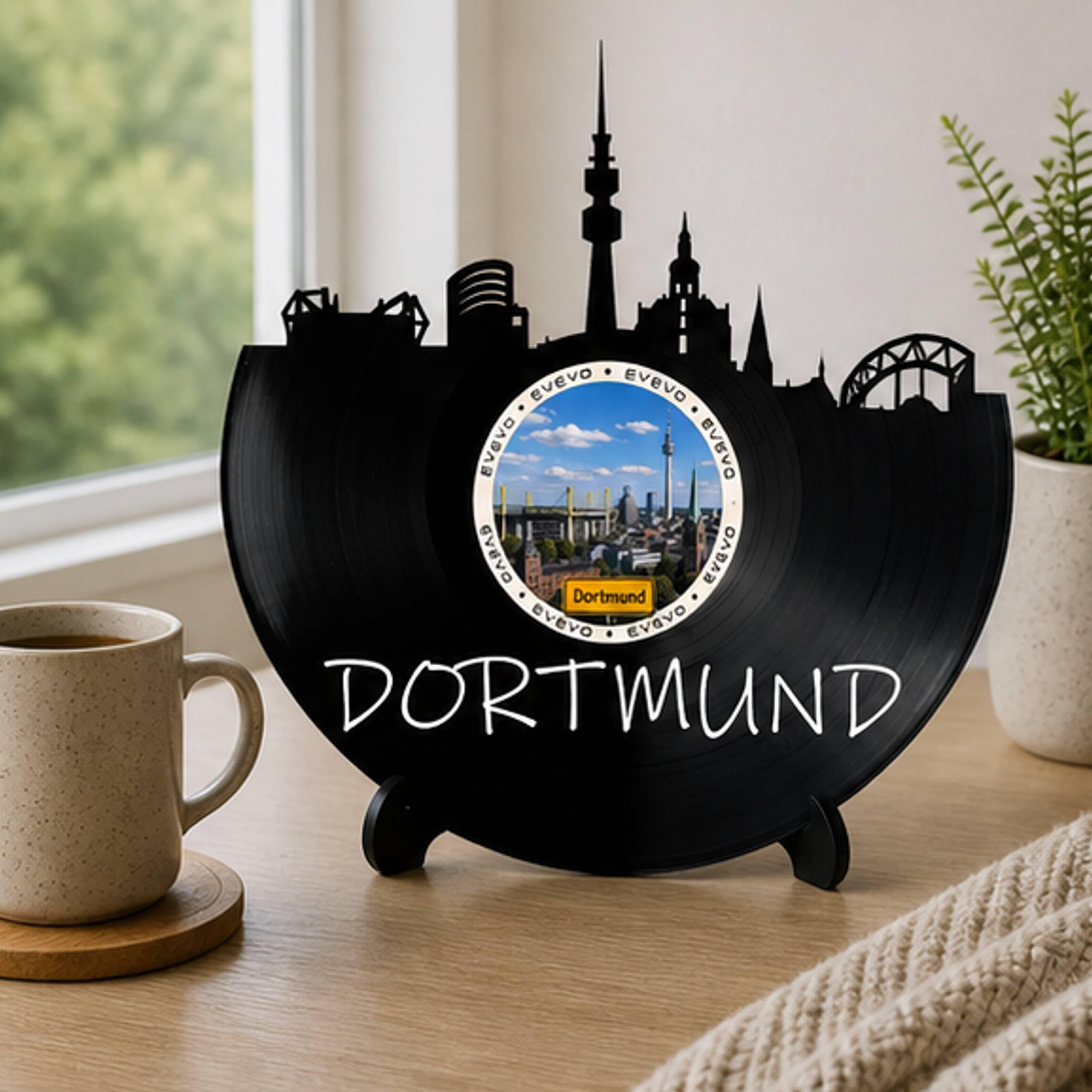 EVEVO Decorazione da parete a forma di disco di Dortmund, decorazione da parete in vinile, motivo skyline della Ruhr, regalo per gli appassionati di Dortmund U, D0057