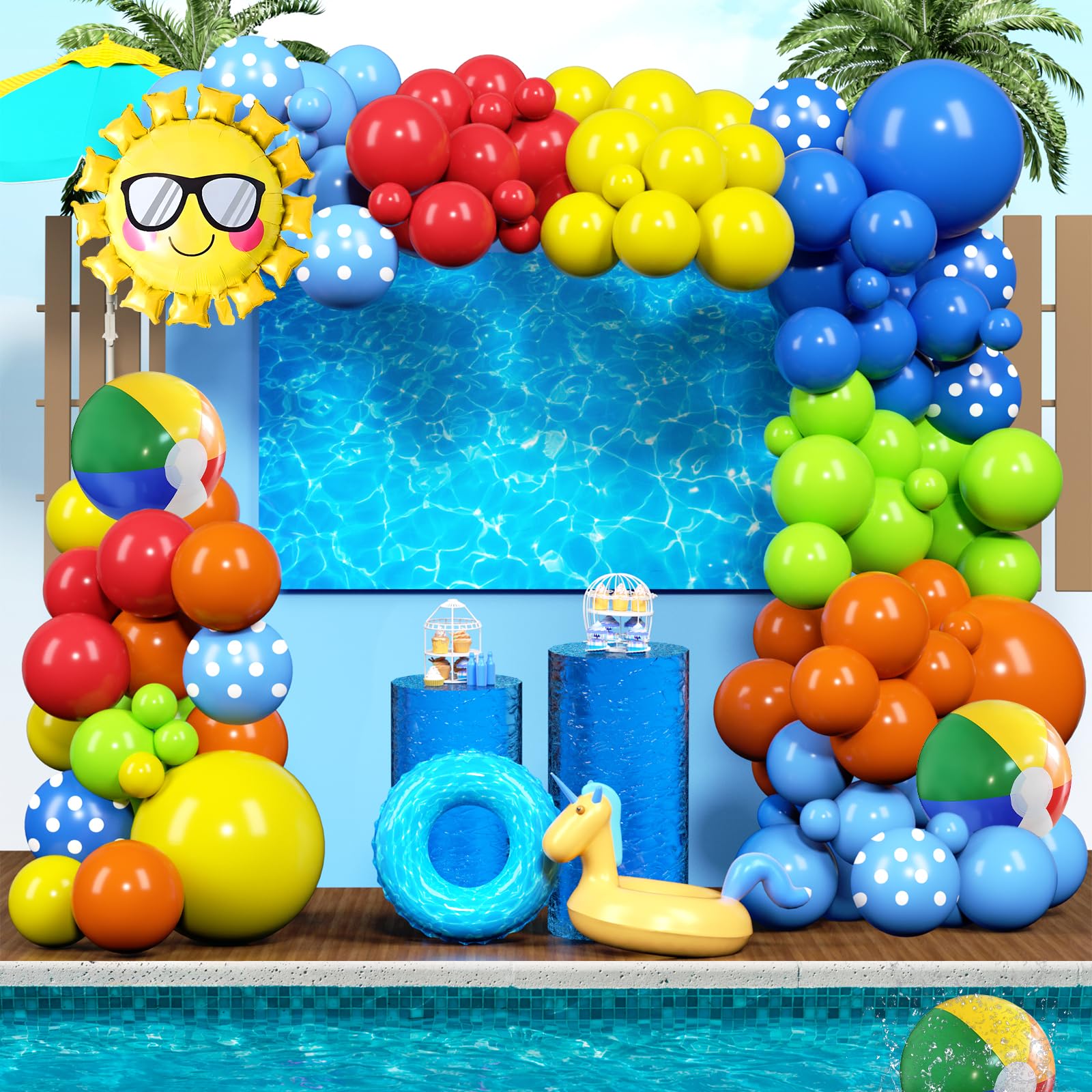 YQUQWN 149 PCS Summer Pool Beach Party Decorations Tropical Hawaiian Luau Balloon Garland Arch Kit Beach Ball Sun Foil Balloons for Summer Splish Splash Pool Party Birthday Decorations Supplies