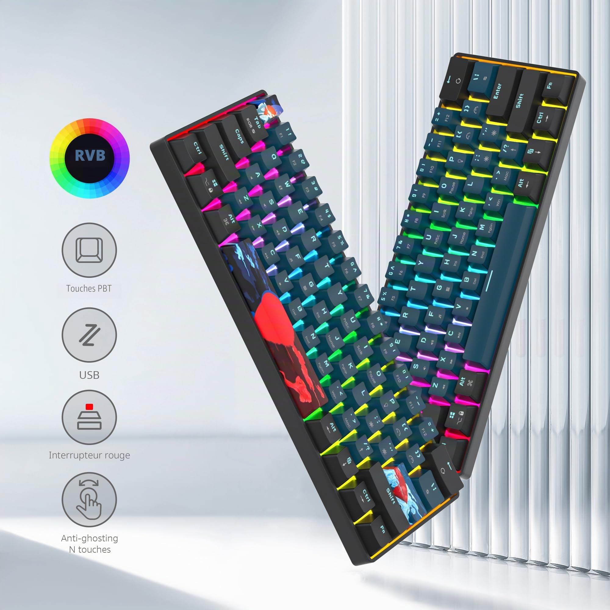 60% Clavier Gamer Mecanique pour PC, Clavier Gaming 60 Pourcent Américain QWERTY Filaire RGB Rétro-éclairé ，Compact 61 Touches Anti-ghosting pour Gamer, PC/Mac