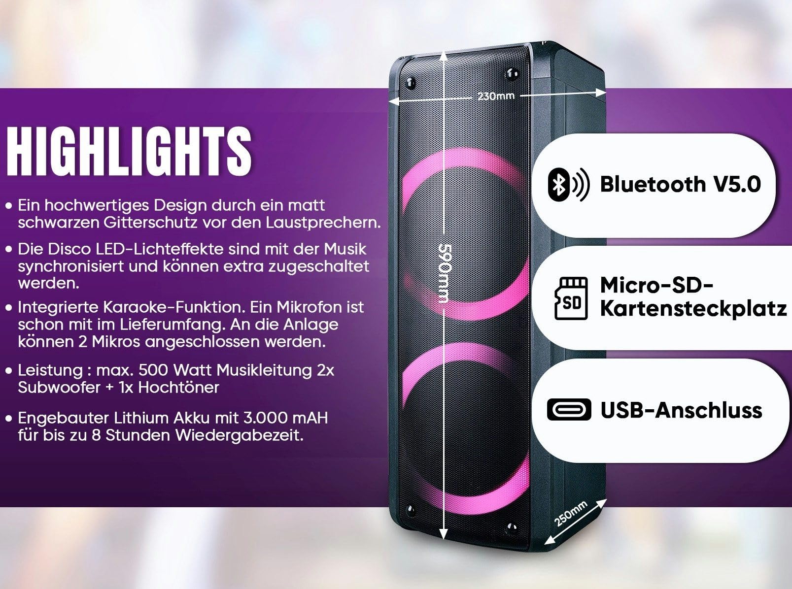 REFLEXION PS09BT Mobiler Buetooth Partylautsprecher, DJ, Karaoke, 500Watt, UKW-PLL Radio, Disco LED Effekt mit Farbwechsel, incl. Mikrofon, Eingebauter Akku, Schwarz