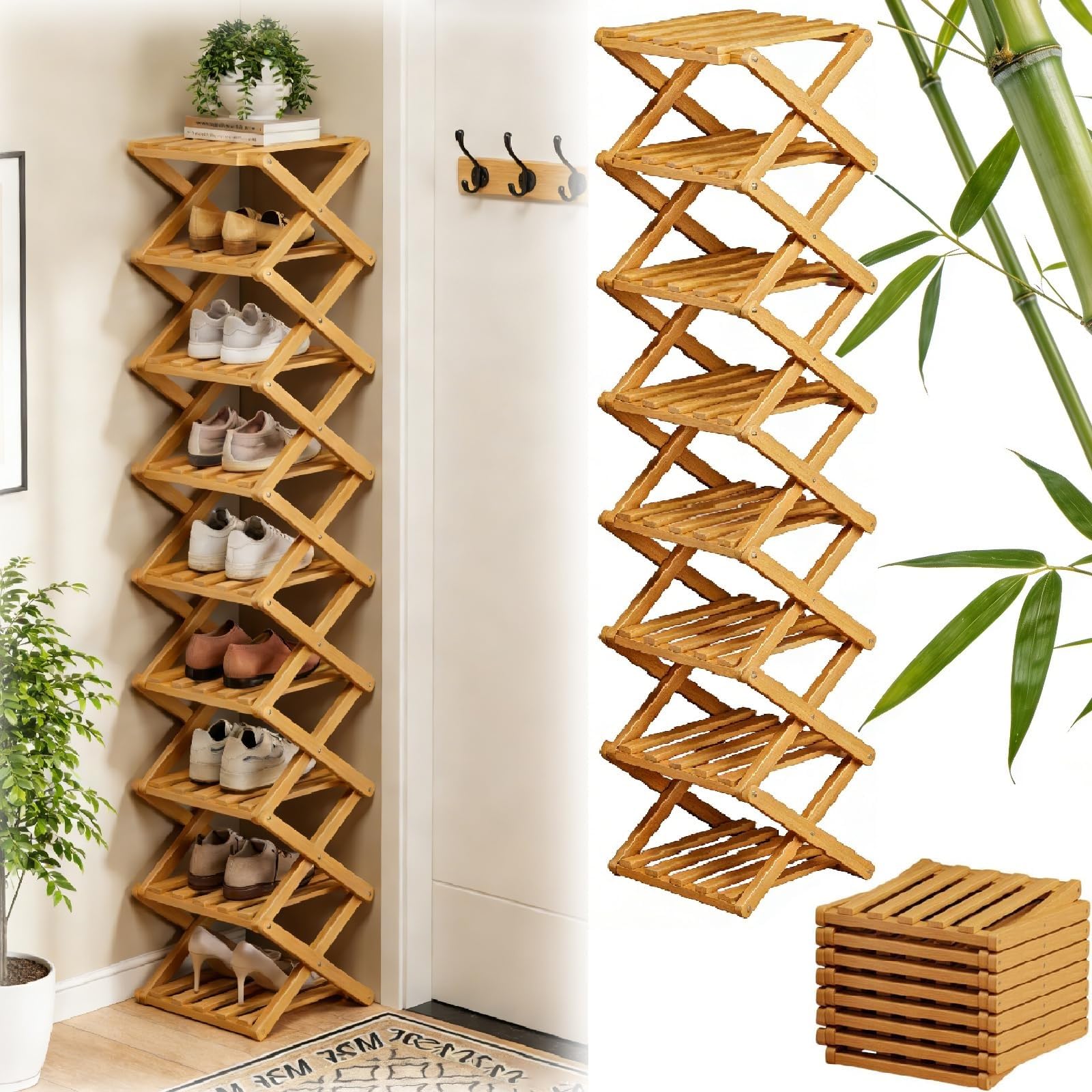 FSLXZPKJ 9-Tier No-Assembly Bamboo Shoe Rack - Foldable Vertical Storage Organizer for Entryway and Closet Light Luxury Appeal