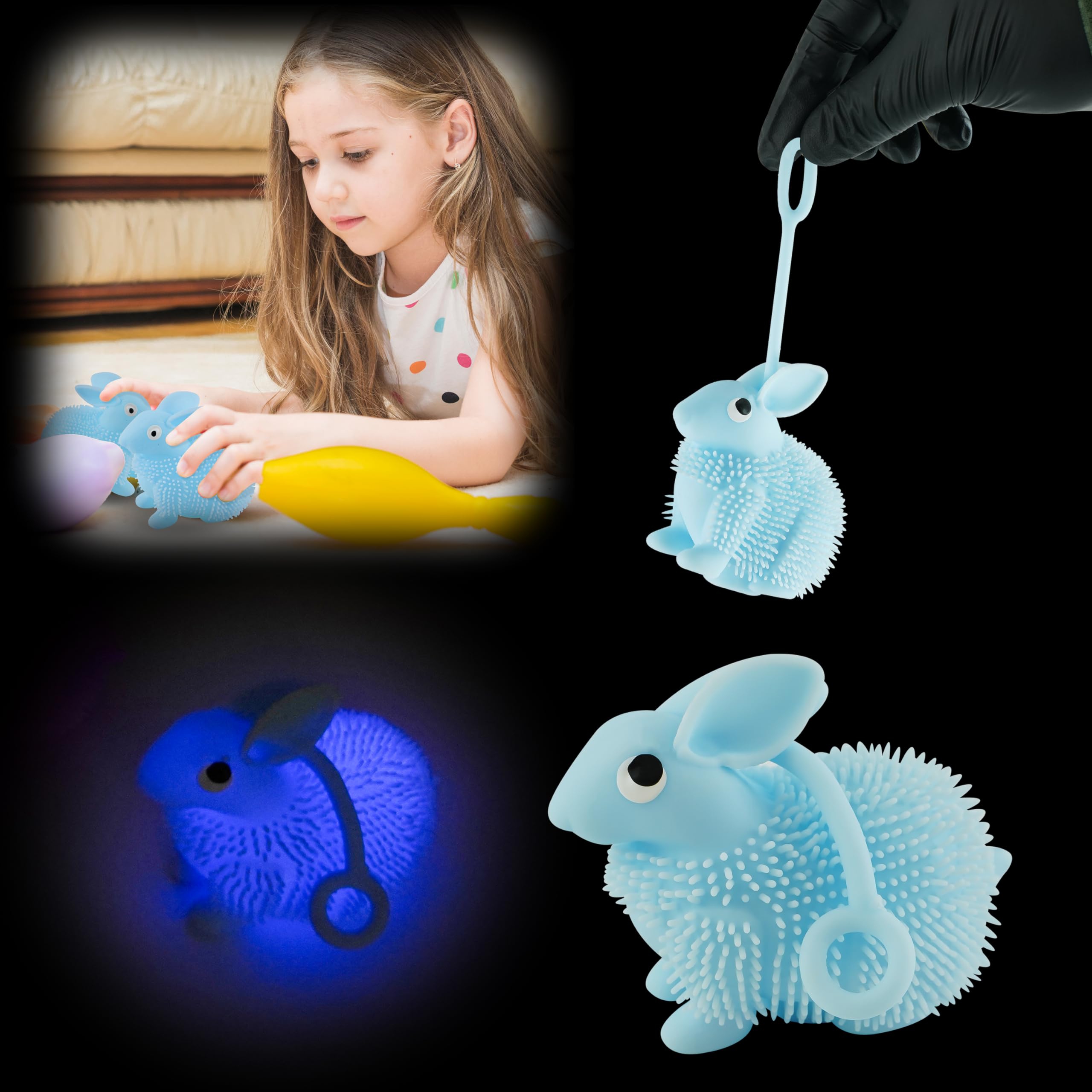Blue Light-Up Bunny Rabbit Toy, Stretchable Puffer Fidget Toy for Kids & Adults - Squeezable Stress Relief Sensory Toy - Non-Toxic Easter Basket Stuffer & Party Bag Filler - 9cm