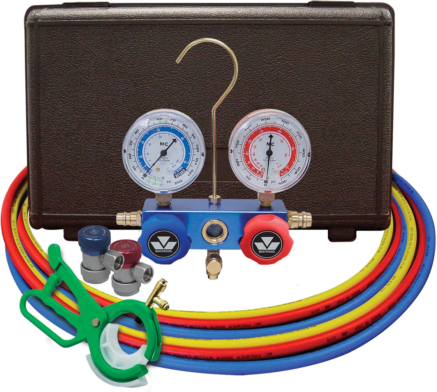 MASTERCOOL (98661-PRO Blue R134a and R12 Dual Manifold Gauge Set with 2 Sets 60" Hoses, Manual Couplers and Side Mount Can Tap Valve