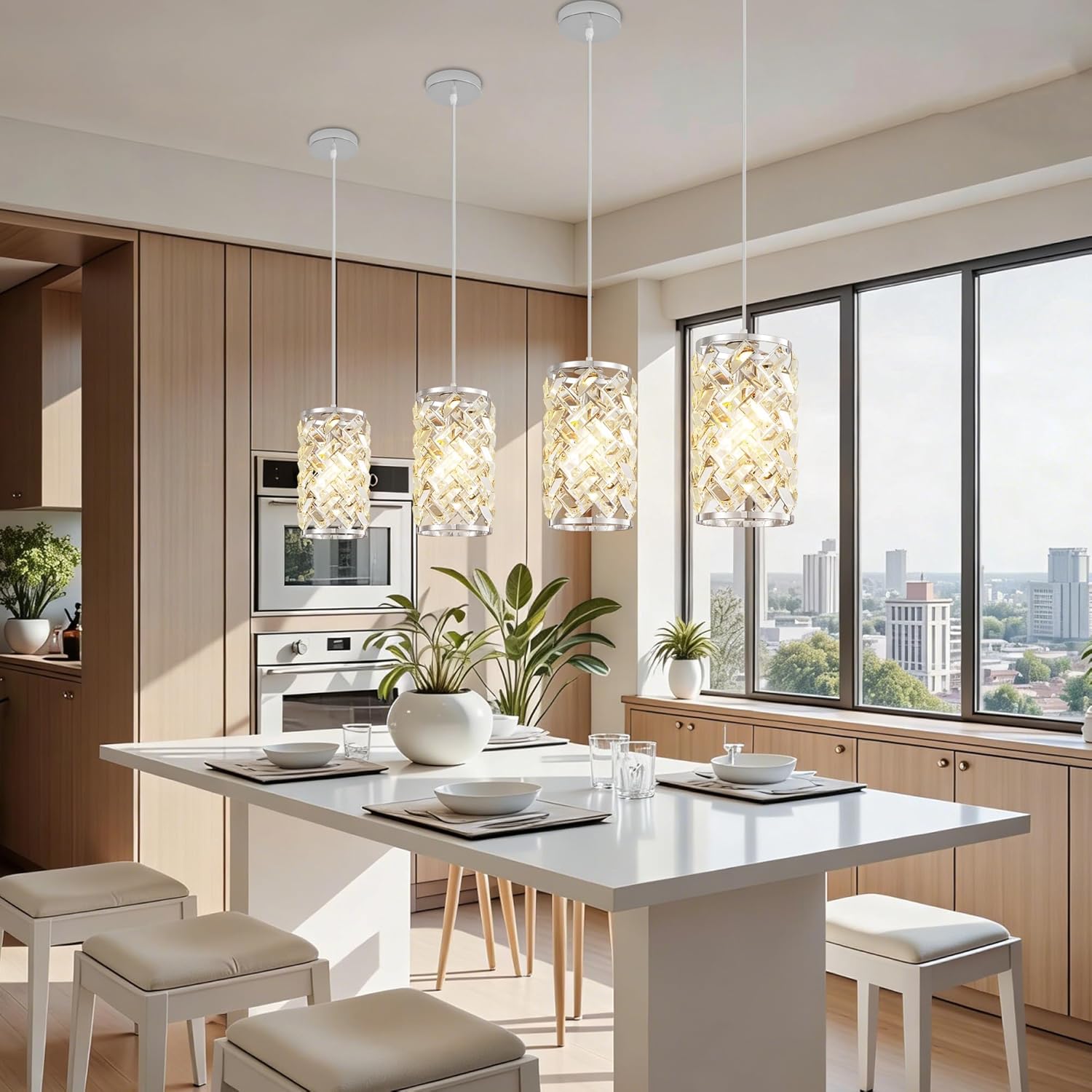 Chrome Pendant Lights Kitchen Island, Mini Crystal Modern Kitchen Pendant Lighting Over Sink with 10.2" Clear Glass Shade Chandeliers, Adjustable Pendant Light Fixture for Dinning Room Bedroom