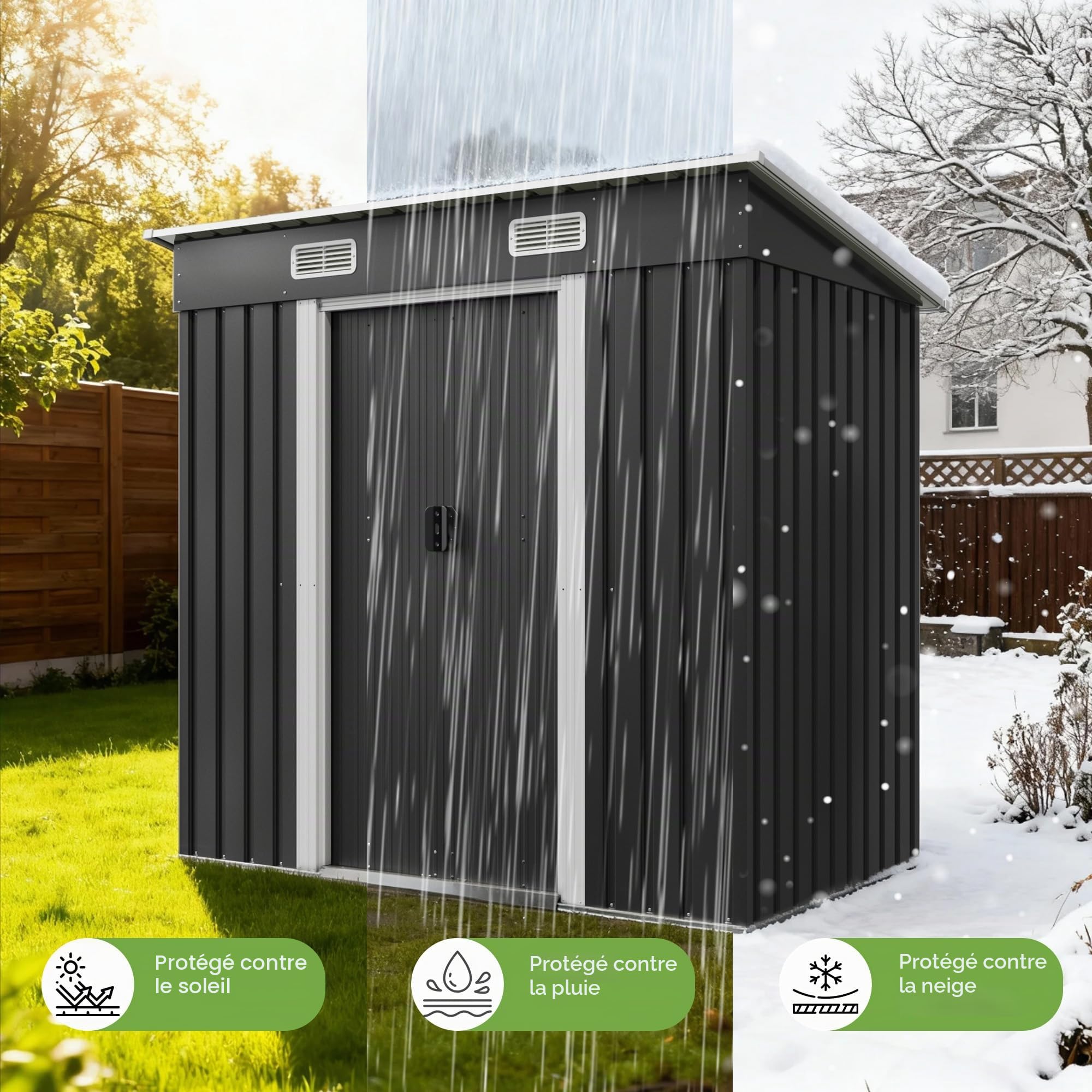 TRIUMPHKEY Abri de Jardin en métal 183x109x182cm avec Fondation 3,6m³ Abri de Jardin avec Toit en appentis et 2 Portes coulissantes, Anthracite, Garage à vélos, Résistant aux intempéries pour Outils