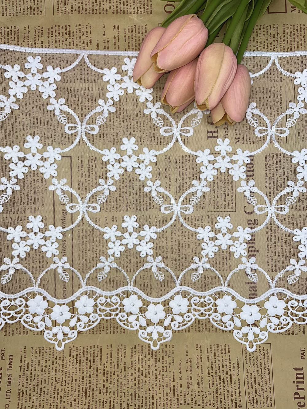 25CM Width Europe Bead net wintersweets Pattern Inelastic Embroidery Trims,Curtain Tablecloth Slipcover Bridal DIY Clothing/Accessories.(4 Yards in one Package) (White)