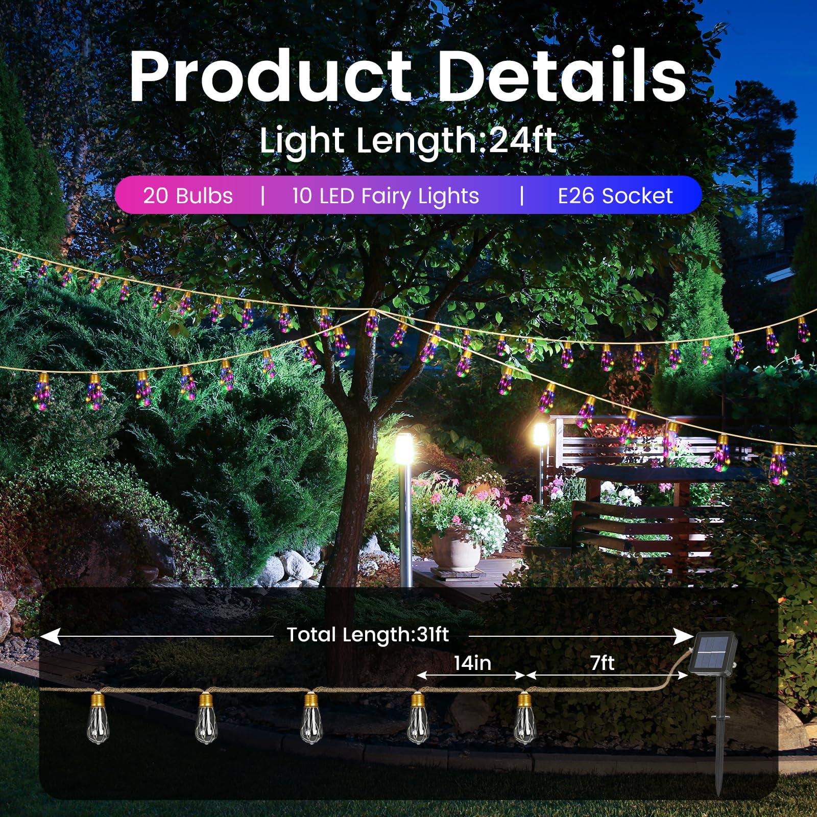 Solar Outdoor String Lights 24FT Vintage Rope Hemp Solar Lights