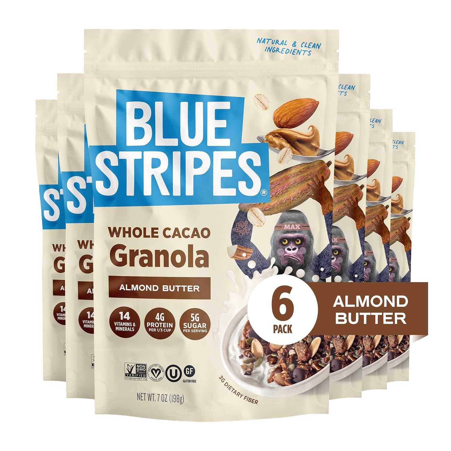 Blue Stripes Almond Butter Granola - Whole Cacao Gluten Free Granola for Cereal, Yogurt, Snacking | 4g Protein Per Serving | No Refined Sugar, Vegan, Non GMO - 7 oz Bag (6 Pack)