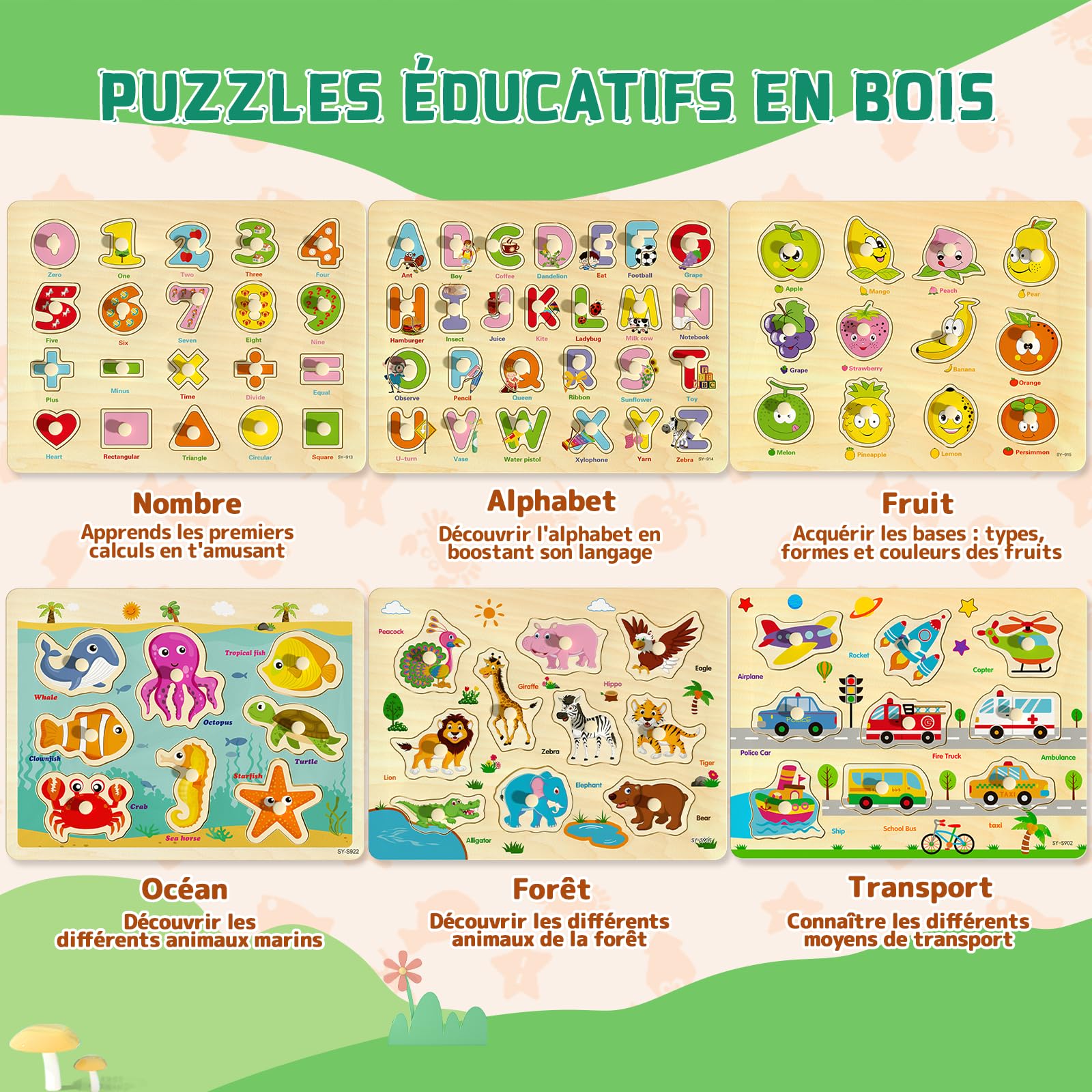 Puzzle Bois Enfant 2-4 Ans 6 Pièces Puzzle Animaux Montessori Jouet Educatif