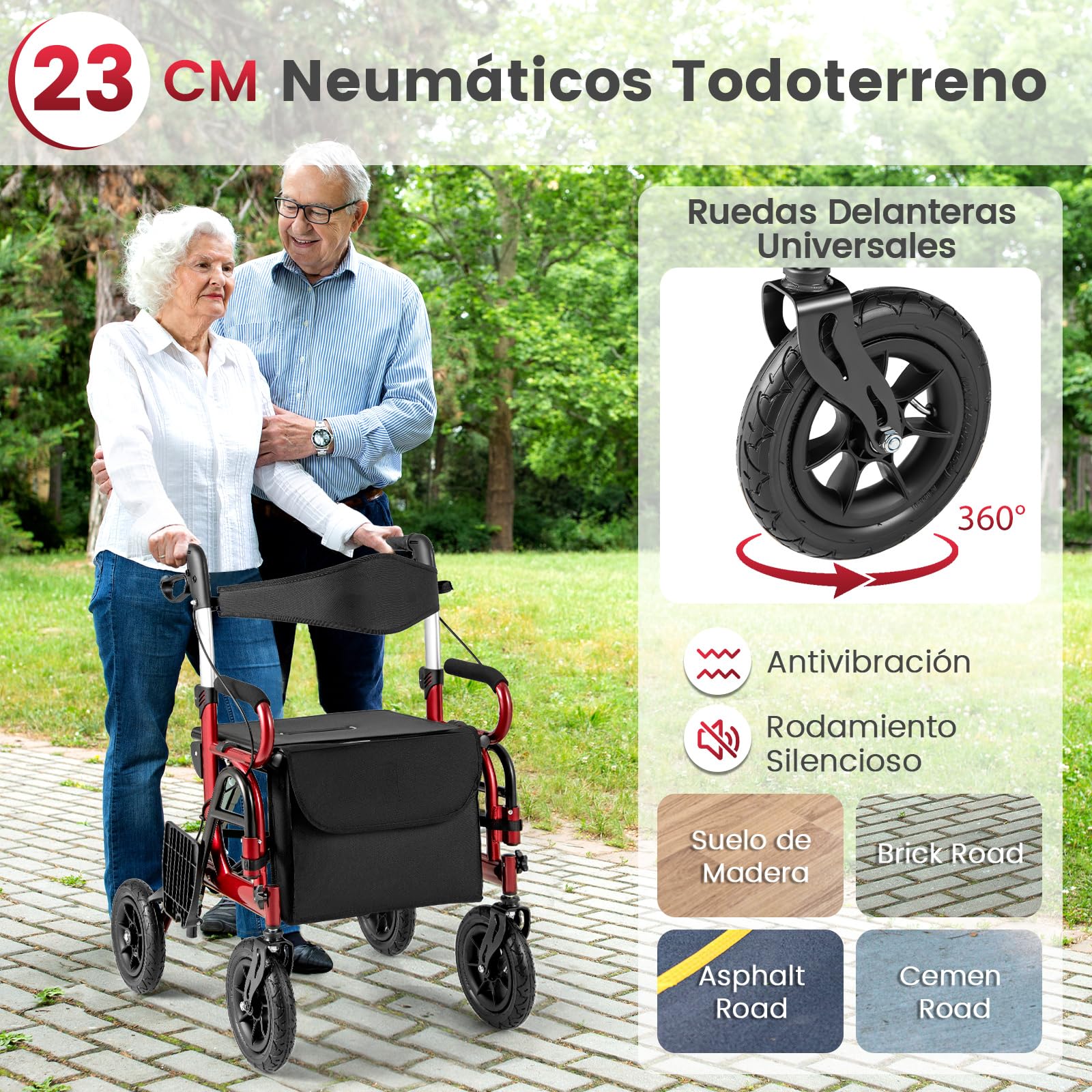 COSTWAY 2 en 1 Andador para Ancianos con Asiento, Taca Taca Adultos Plegable, Silla de Ruedas de Neumáticos, Altura Ajustable, Reposapiés abatibles, Estructura de Aluminio Ligera (rojo)
