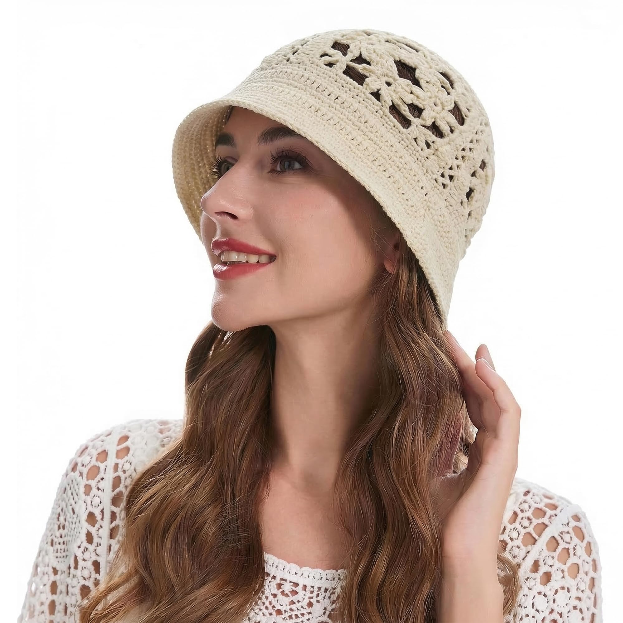ZLYC Sommerhut für Damen, Baumwolle, handgefertigt, gehäkelt, gestrickt