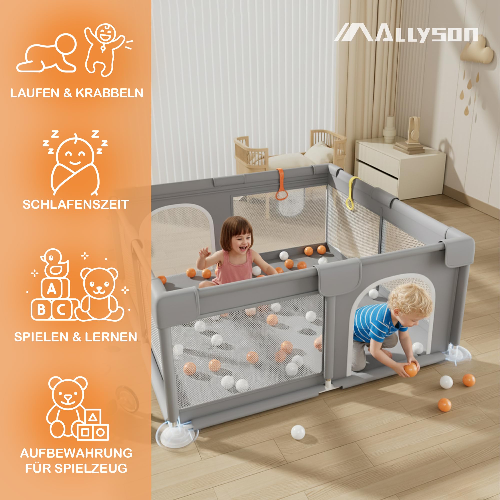 Allyson® Laufstall Baby mit Matte 130x130 cm, Großes Faltbares Laufgitter & Playpen sicher & stabil, Kleinkinder Kinderlaufstall Indoor & Outdoor, Spielgitter Zaun, tragbarer klappbar - Grau