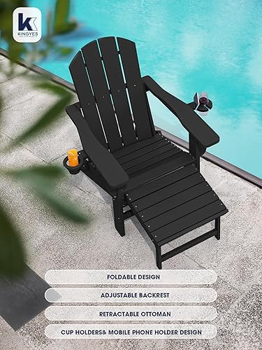 Miniatura 5 de KINGYES Silla Adirondack plegable ajustable con otomana retráctil, silla reclinable Adirondack de polietileno de alta densidad con soporte para