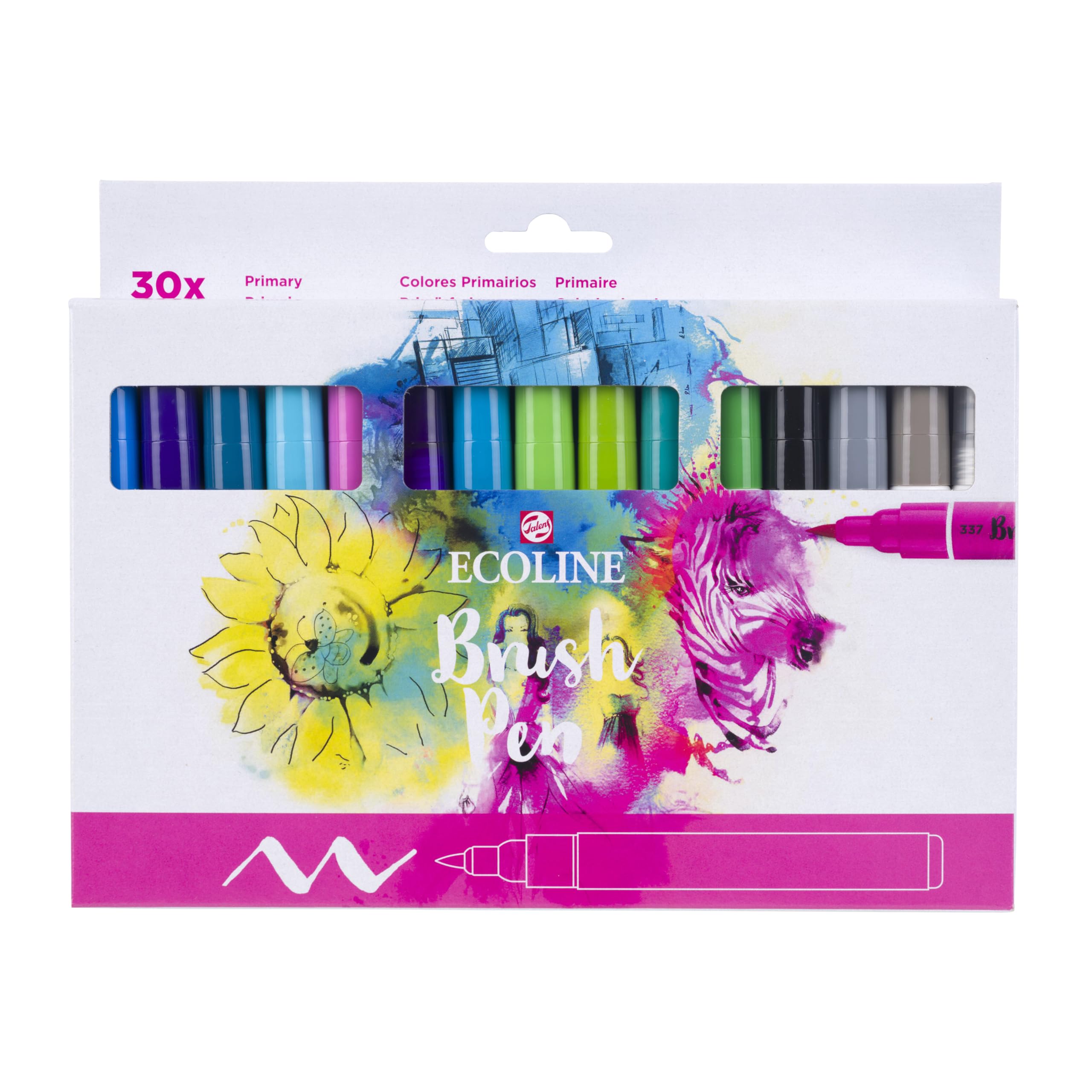 Ecoline Brush Pen-Set mit 30 flüssigen Aquarellstiften – Grundtöne | Mischbare Pinselstifte für Handlettering, Zeichnen und Basteln