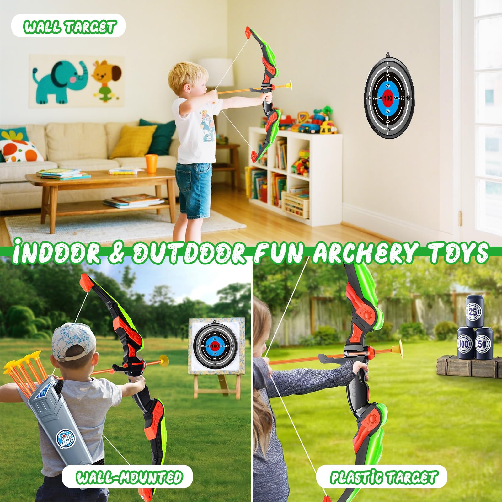 Arc et flèche pour Enfants avec Lumières LED, Jouet Enfant de Tir à l'arc Lumineux avec Carquois, 10 Flèches Ventouse et Cibles, Jouet d'Intérieur et d'Extérieur pour 3-12 Ans Garçons Filles