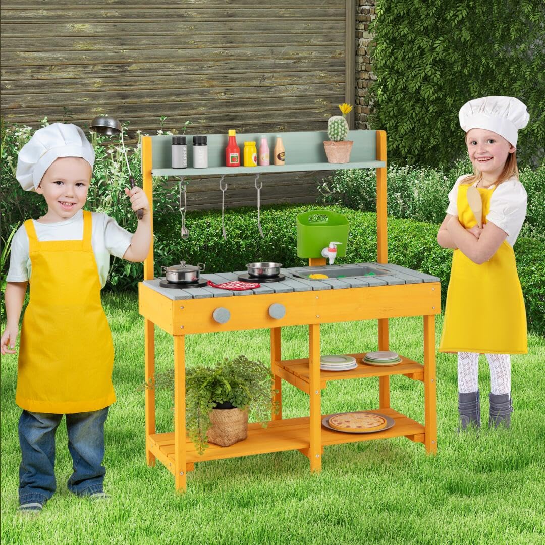 HOMASIS Matschküche Kinder Outdoor, Kinderküche mit Spüle Herd, Spielküche aus Holz, Spielzeugküche mit 3 Haken & Regalen, Holzküche Gartenküche für Kinder ab 3 Jahren (Orange, mit Wasserspender)