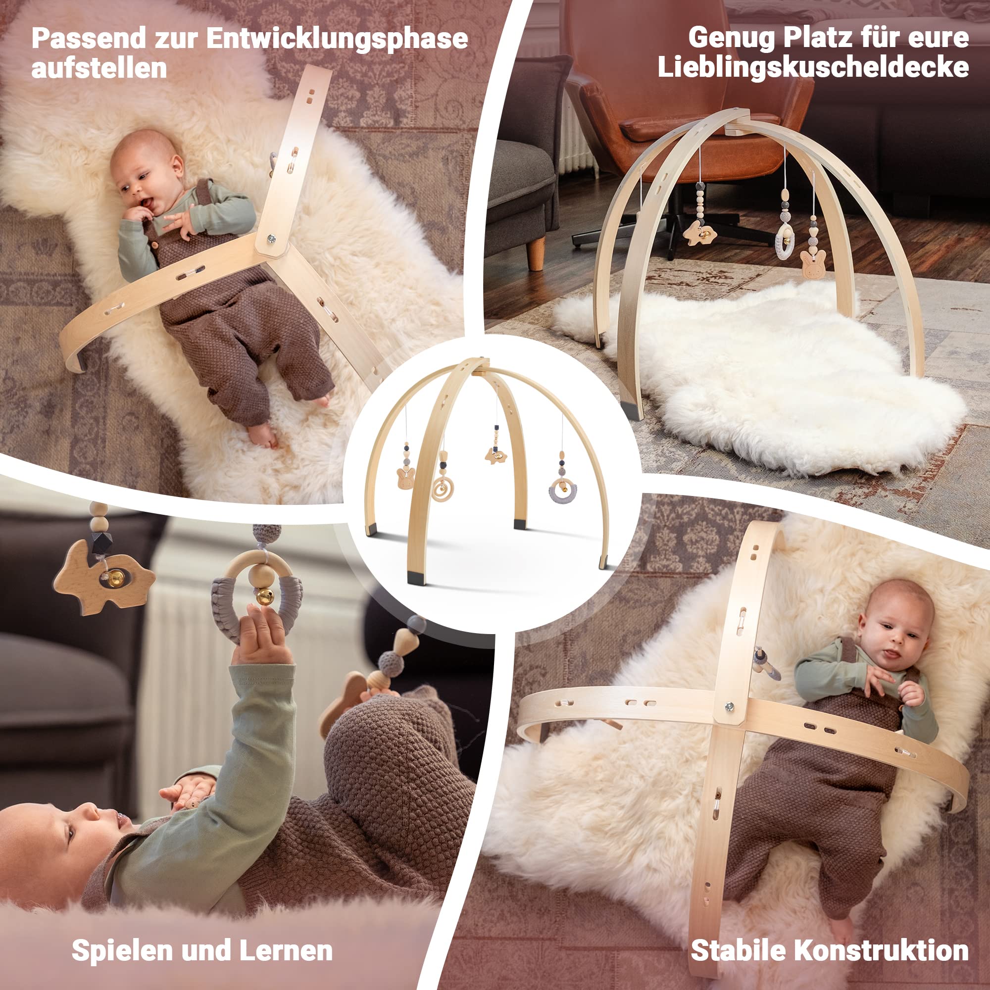 AMAZINGs Spielbogen Baby aus Holz | Nachhaltiger Spielebogen mit Tasche und Baby Spielzeug, Montessori Konzept | Spieltrapez, Activity Center