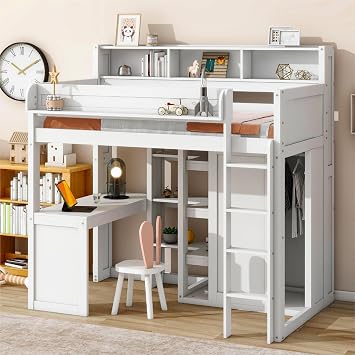 Modern Twin Size Loft Bed with Built-in Desk,Wood Loft Bed with Multiple Storage Shelves and Wardrobe for Bedroom White/Built-in Desk, Twin