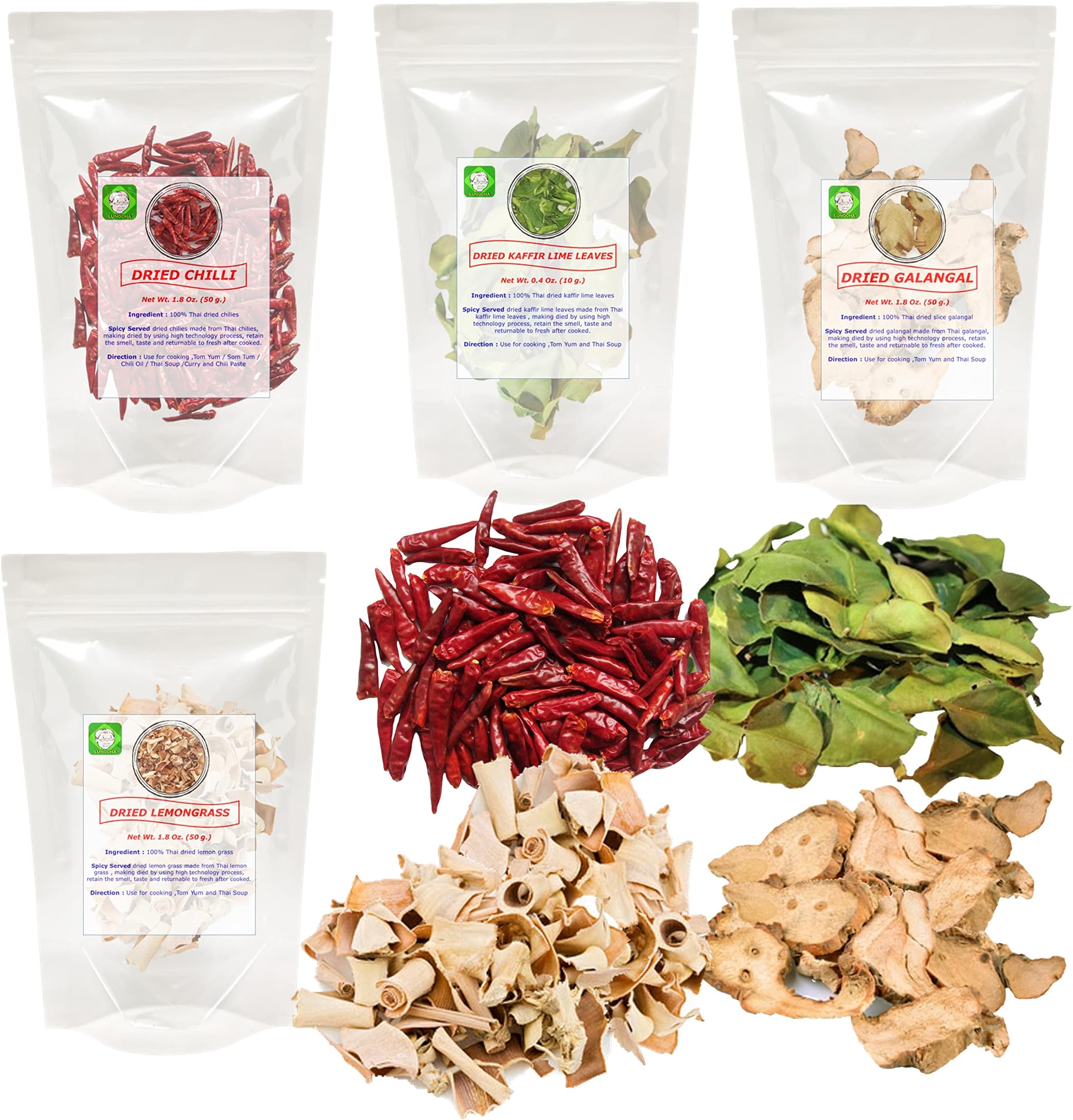 LungchaTom Yum Set for Thai Food Hot Spicy Soup 160 Gram Of Dried Chili 50 Gram, Dried Galangal 50 Gram, Dried Lemongrass 50 Gram, Dried Kaaffir Lime Leave 10 Gram