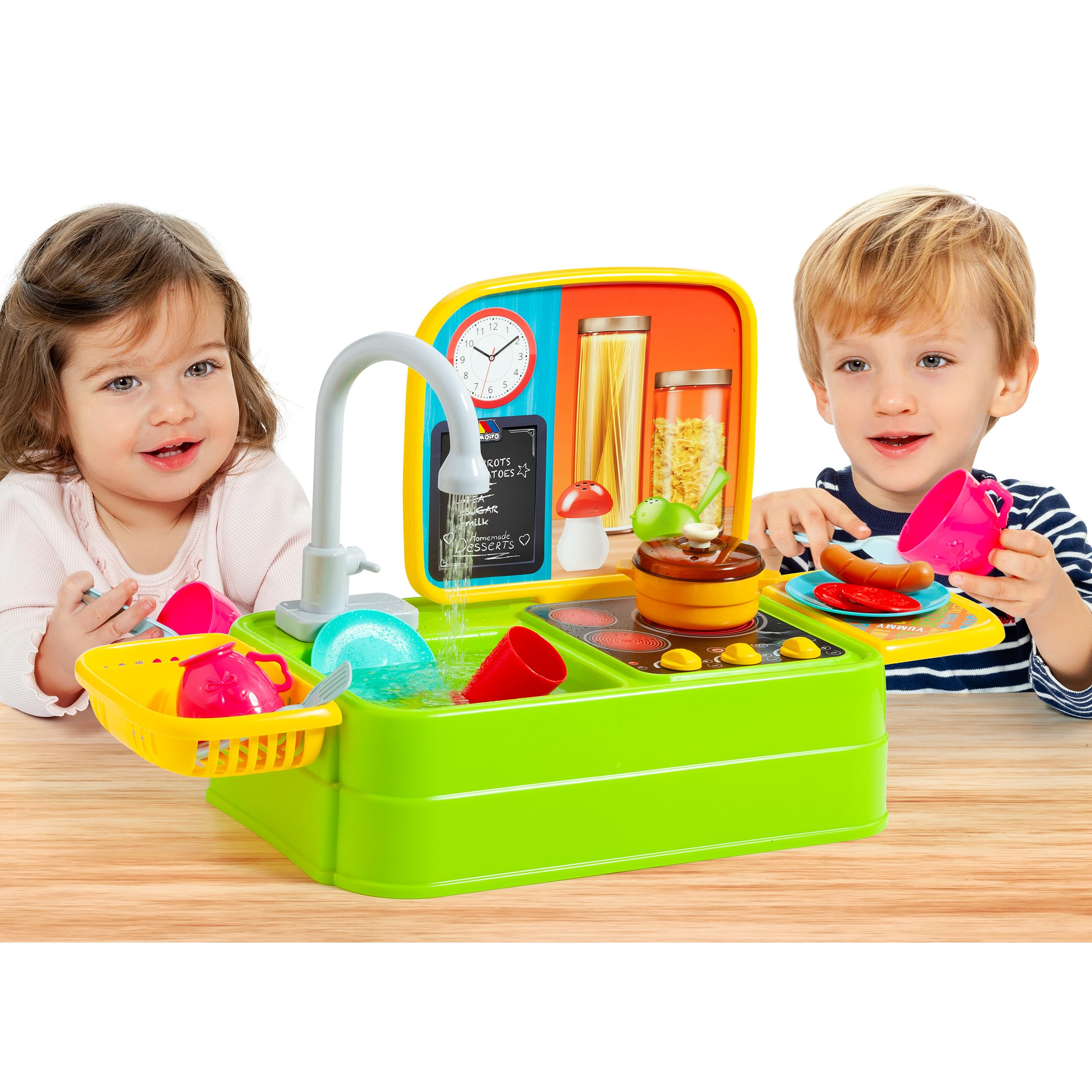 MOLTO - Cocina de Sobremesa con Fregadero y Grifo Real para Niños, Juego Educativo y Creativo, Juguete Interactivo con Accesorios, Ideal para el Desarrollo de Habilidades Motoras y Sociales.