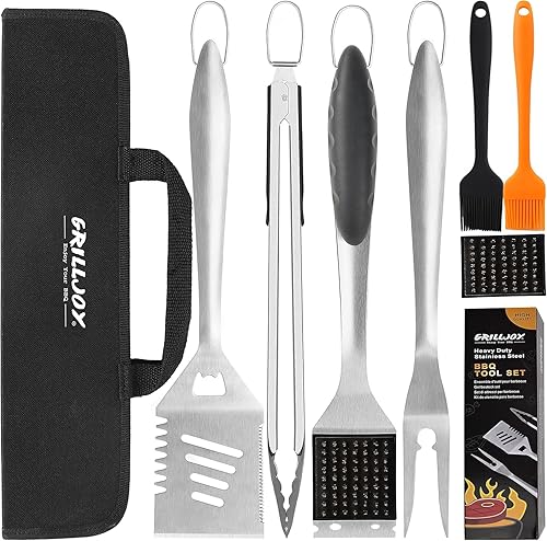 grilljoy Juego de 8 herramientas para parrilla de barbacoa con espátula extra gruesa de acero inoxidable, tenedor, pinzas y cepillo de limpieza, kit