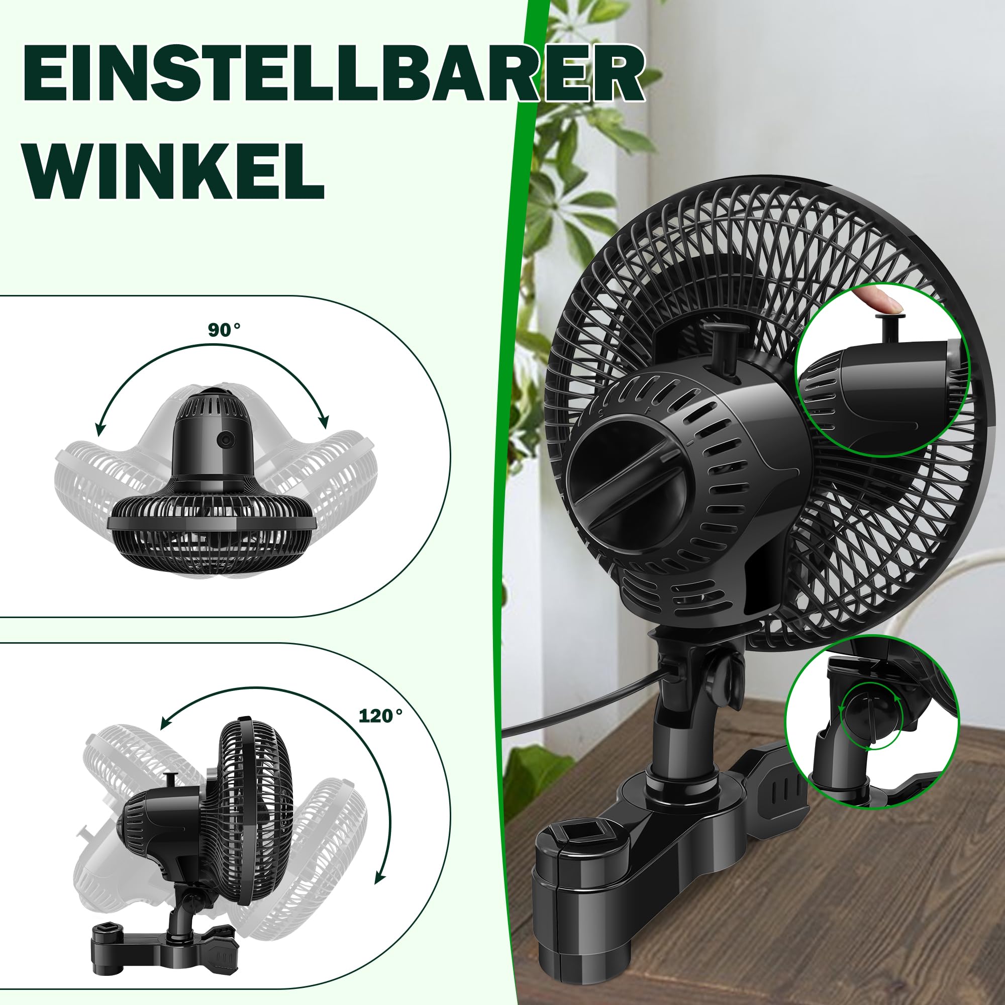 2 Stück Grow Ventilator mit Clip Oszillierend, 25W Clip Ventilator mit 2 Geschwind, Schwenkbar Grow Lüfter