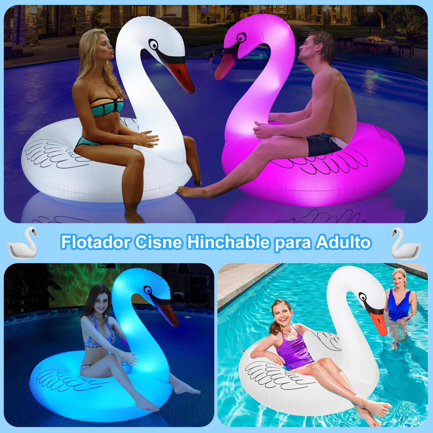 DeeprBling Cisne Hinchable Piscina con Luces Solar Que Cambian de Color, Flotador Cisne Gigante para Adulto, Cisne Inflable Flotador Piscina Adulto, Flotadores Piscina Grandes di Cisne (106x106x92cm)