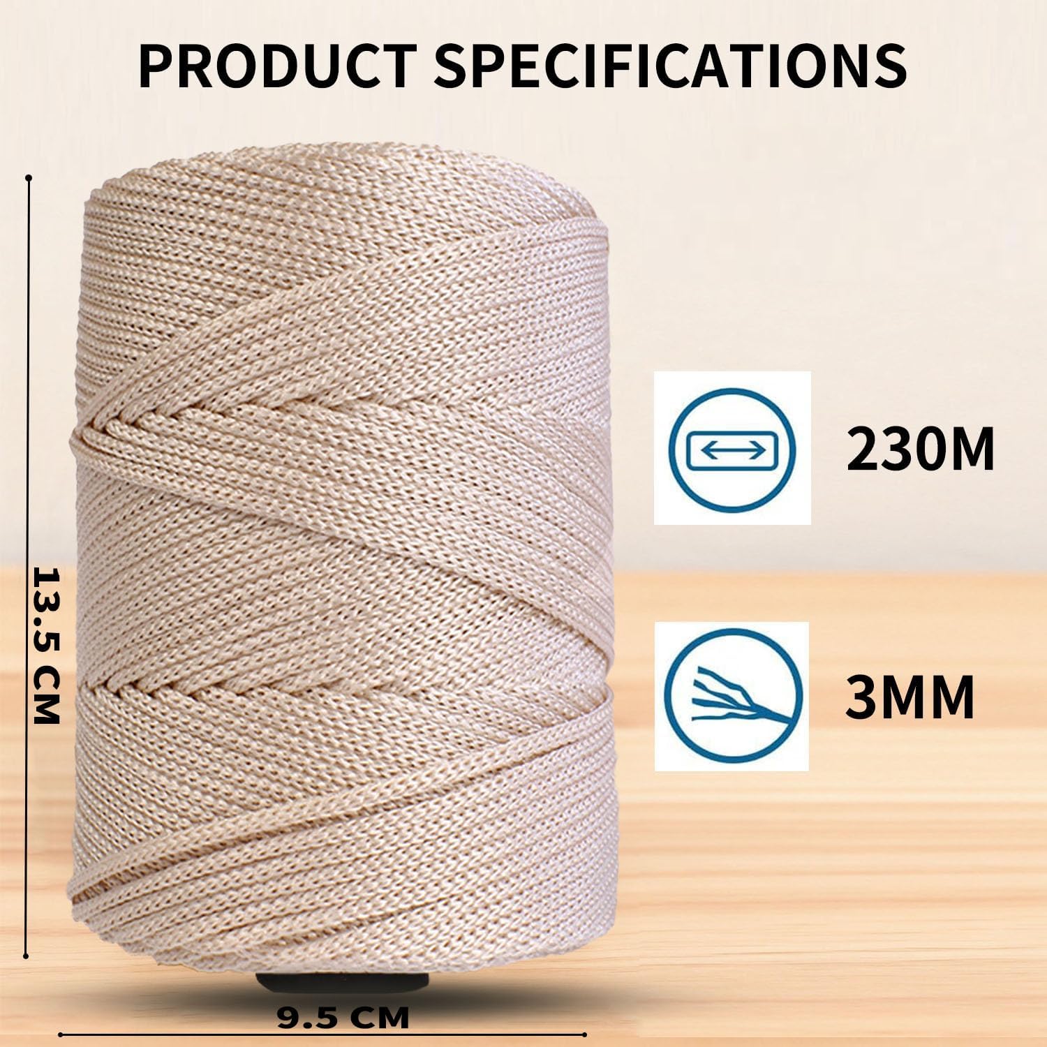Polyester Macrame Cord 3mm x 251 Yards, Braided Crochet Yarn, Polypropylene Rope Crochet Bag Cord for Wall Hangings, Bag, Plant Hangers, Hats, Underplate, DIY Crafts, Gift for Knitter