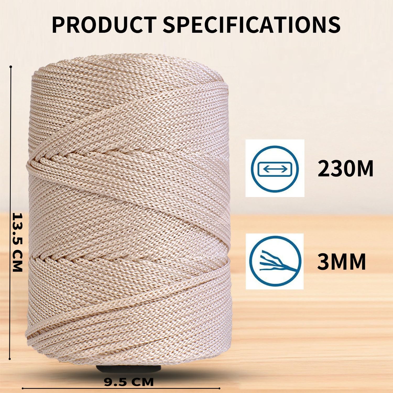 Polyester Macrame Cord 3mm x 251 Yards, Braided Crochet Yarn, Polypropylene Rope Crochet Bag Cord for Wall Hangings, Bag, Plant Hangers, Hats, Underplate, DIY Crafts, Gift for Knitter - 3