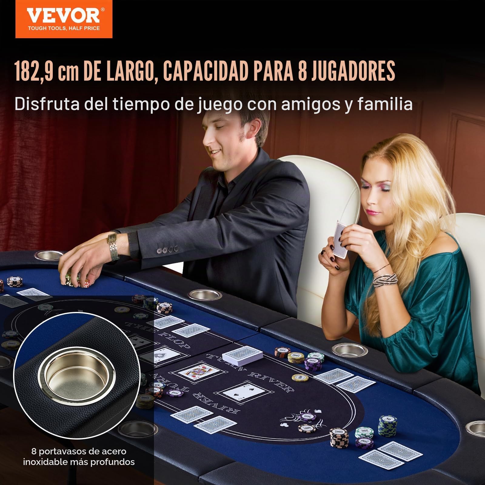 VEVOR Mesa de Póquer Plegable de 72 Pulgadas para 8 Jugadores - Casino Texas Holdem Blackjack con Rieles Acolchados y Portavasos de Acero Inoxidable - Mesa de Juego de Cartas