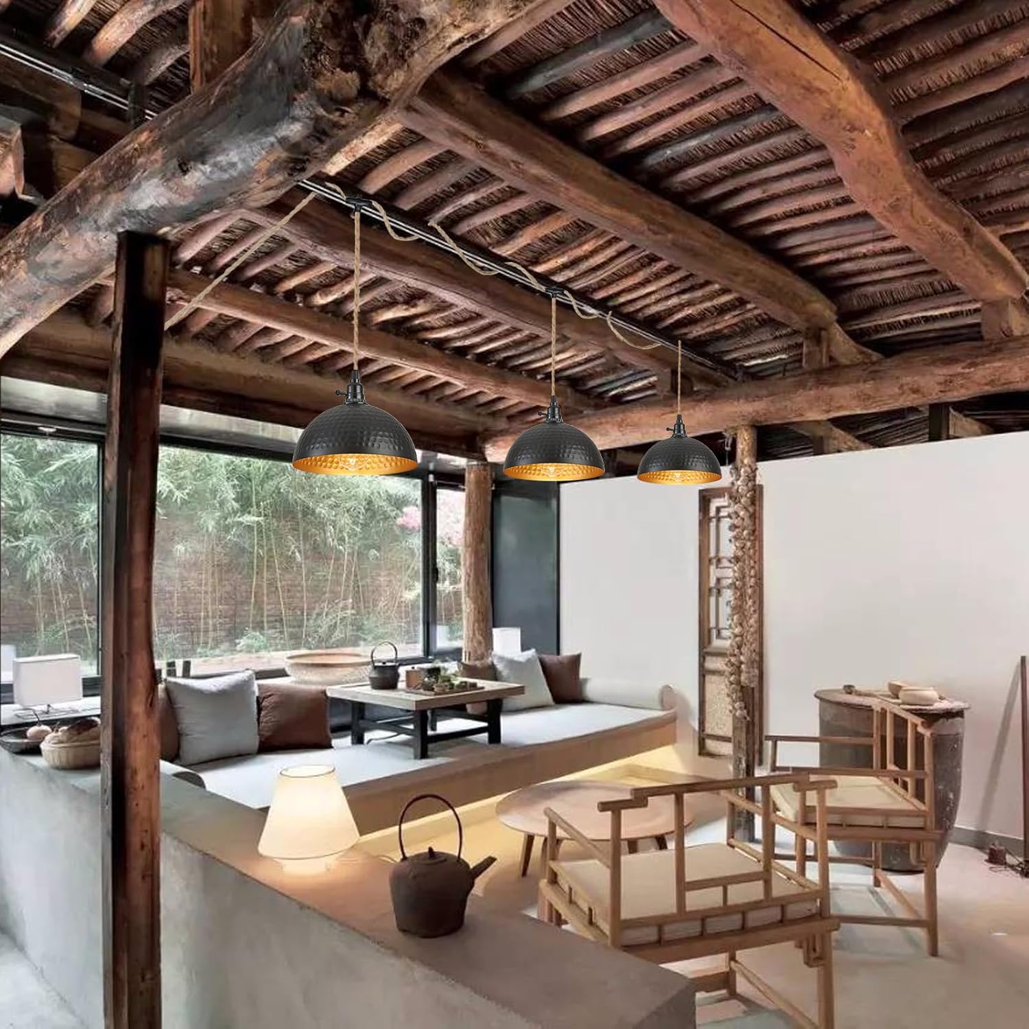 3 Light Plug in Pendant Lights Hammered Dome Hanging Lamp with Switch 22 Ft Long Hemp Rope Farmhouse Pndant Light Cord Lighting Fixture DIY Hanging Light