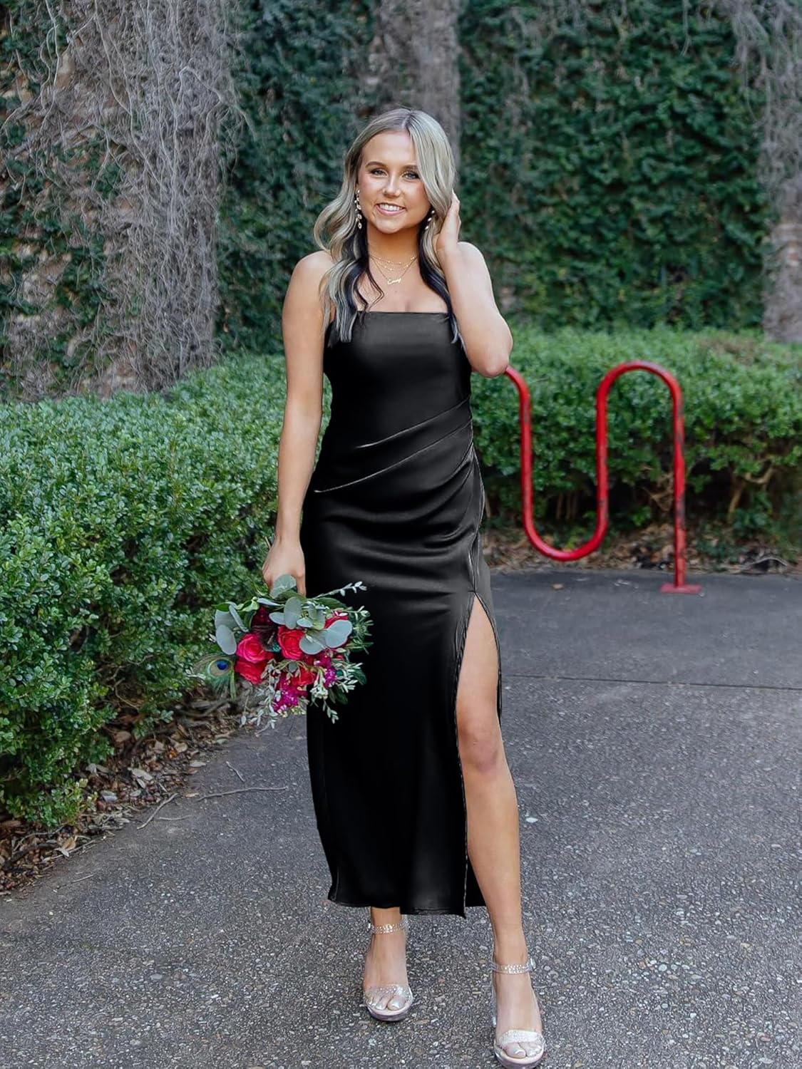 DAAWENXI Women's Summer Sexy Strapless Satin Tube Bodycon Midi Dress Side Slit Cocktail Party Long Dresses - Image 2