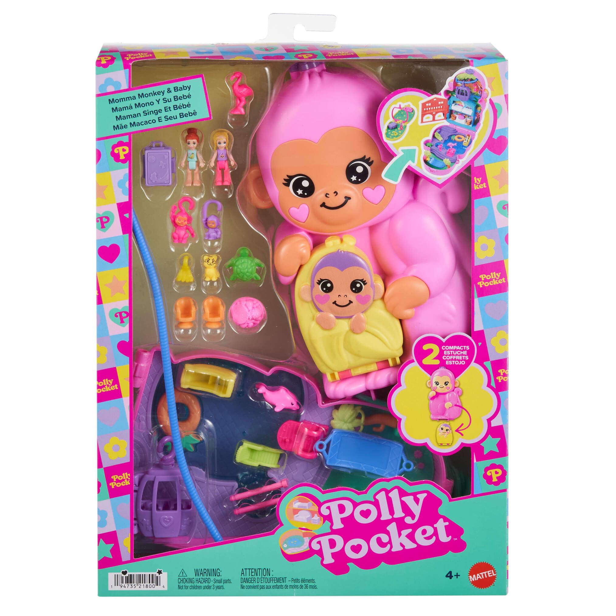 Polly Pocket Adventures in Rio Mamá mono y su bebé, Cofre-bolso 2 en 1, 2 sets de juego que incluyen 2 mini muñecas, animales y teleférico, juguete regalo para niños y niñas +4 años, HWP04