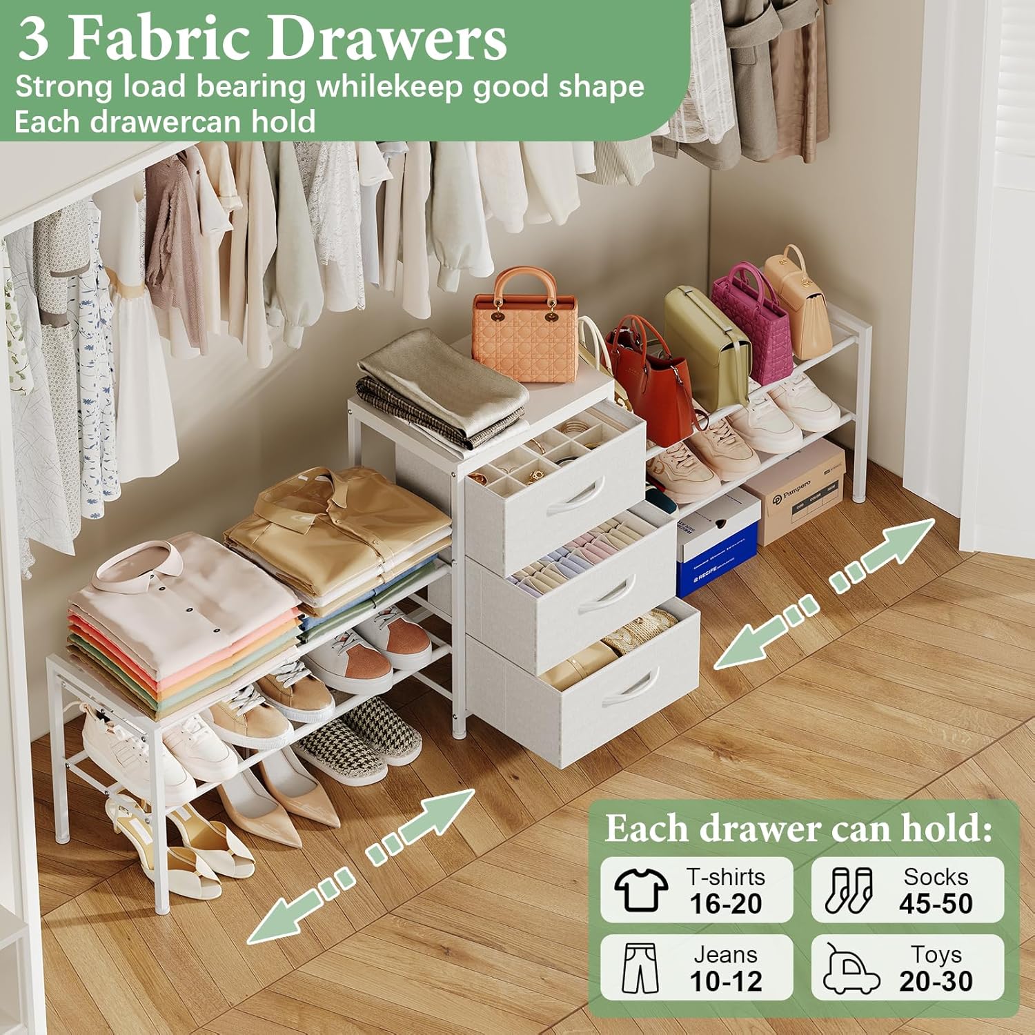 Expandable Closet Organizers and Storage,Wide Long 3 Drawer Dresser,White Fabric Storage Dresser, Clothes Shelves for Kids, Purse Organizer Small Shoe Rack for Closet Bedroom(47.24~71.47in)